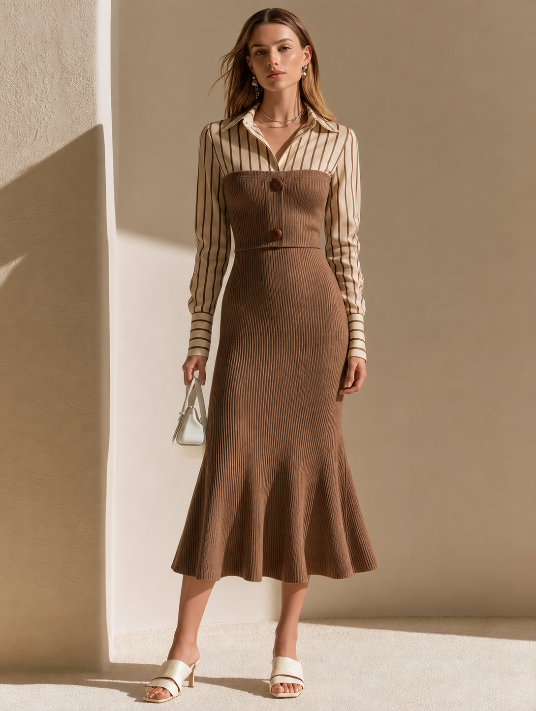 Elegant Brown Shirt-Collar Knitted Dress With Contrast Detailing