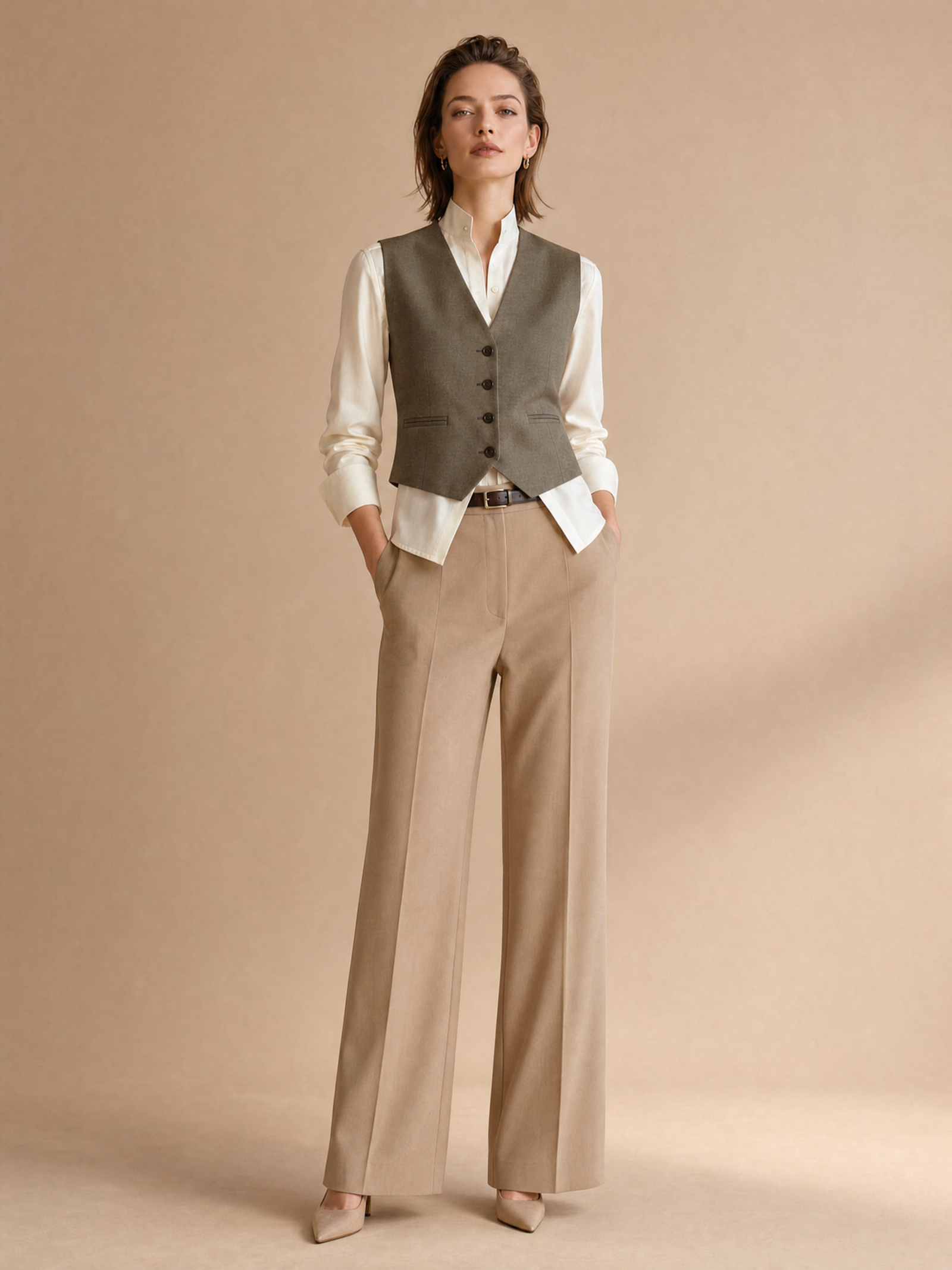 Two-piece Set: White Satin Shirt And Grey Vest