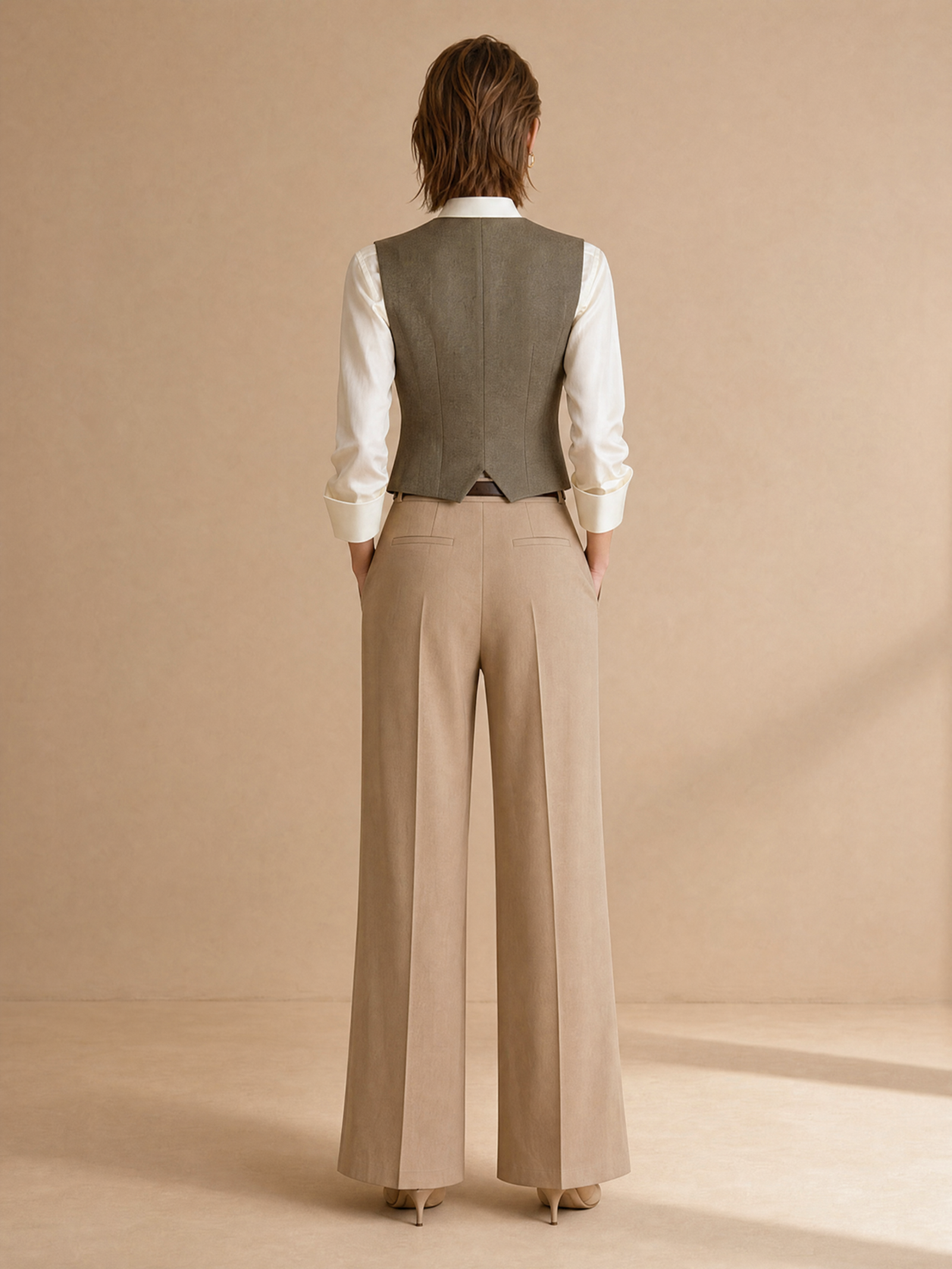 Two-piece Set: White Satin Shirt And Grey Vest