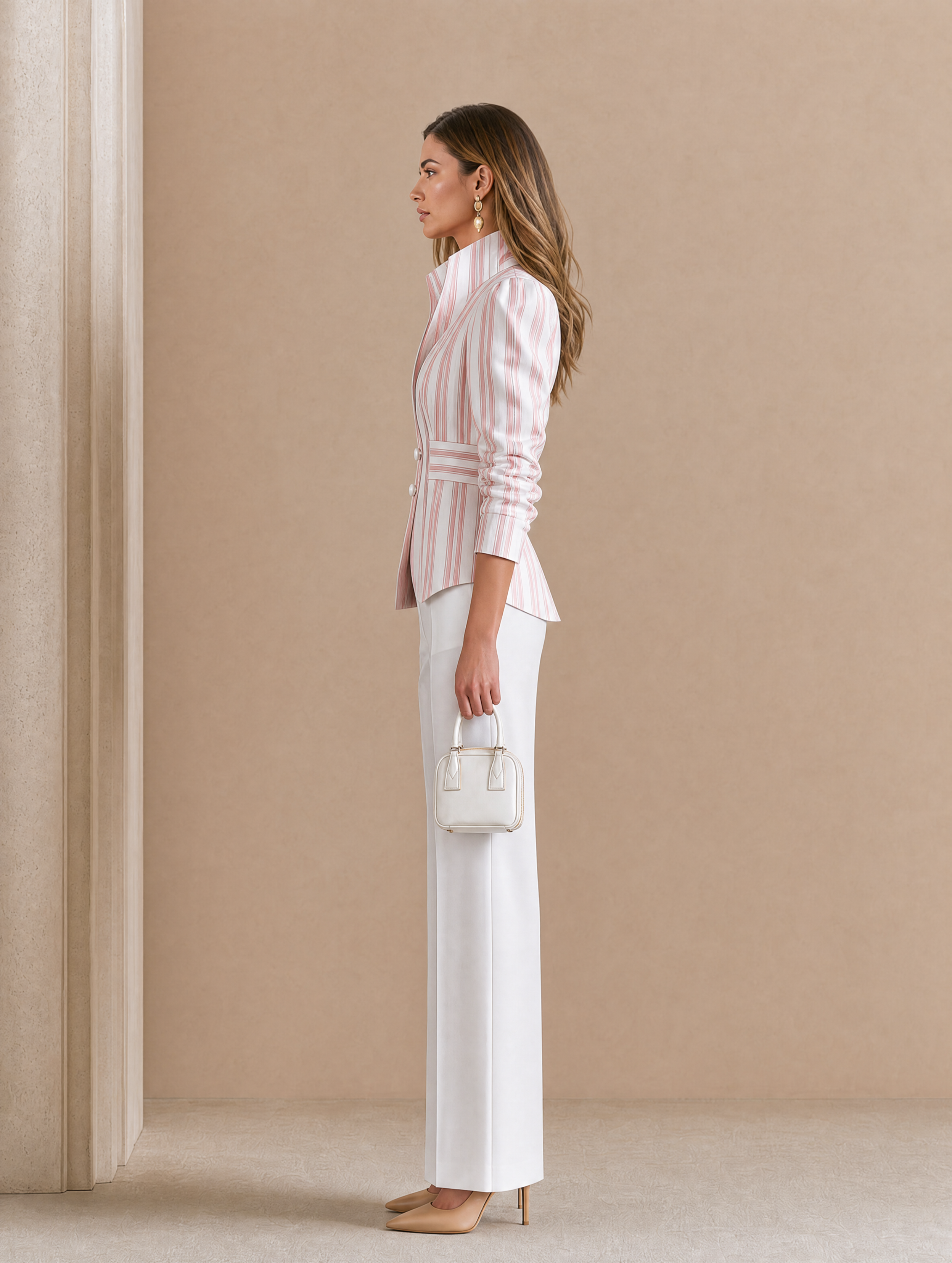 Elegant Pink And White Striped Stand-collar Jacket With A Fitted Waist