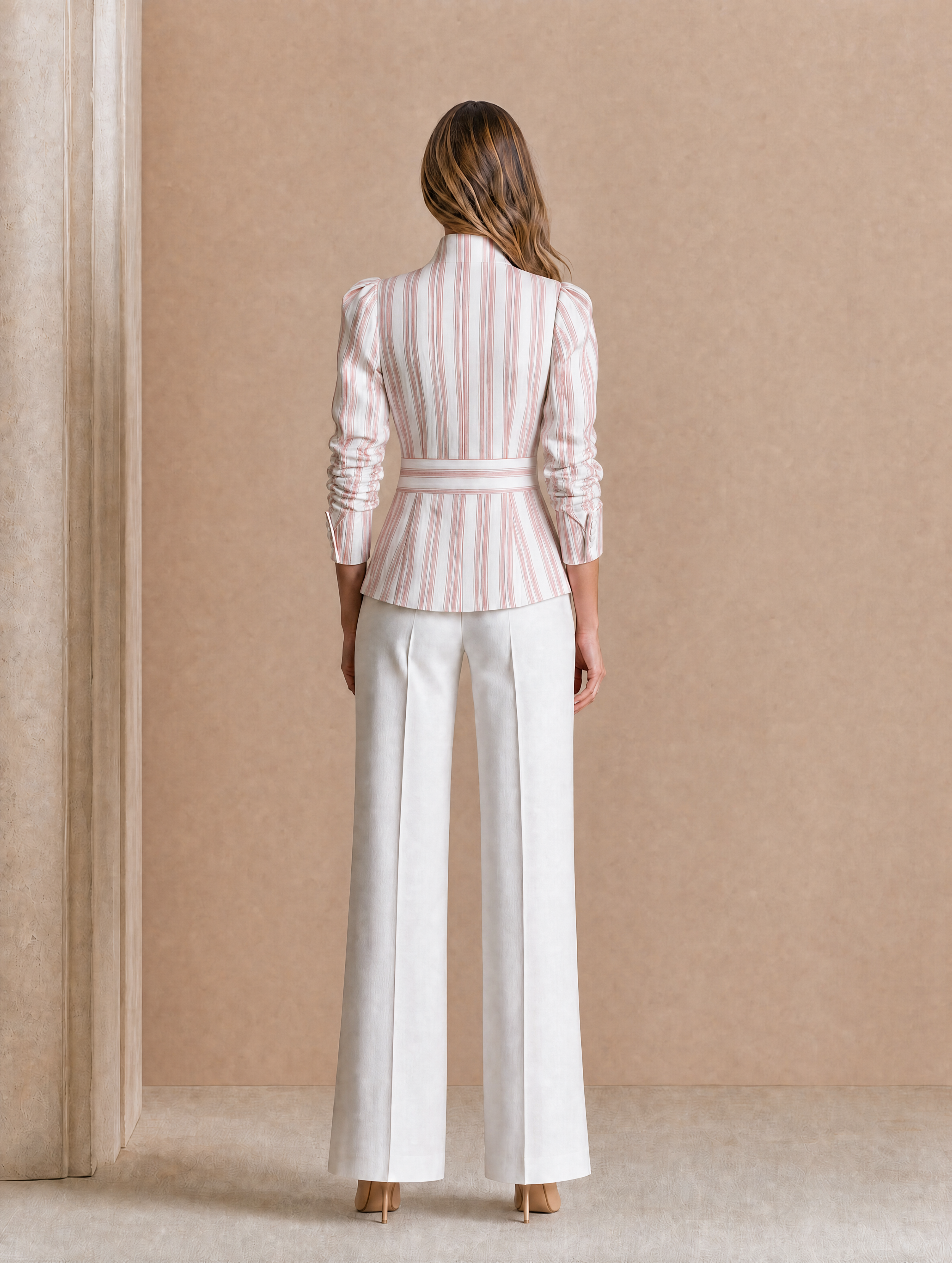 Elegant Pink And White Striped Stand-collar Jacket With A Fitted Waist