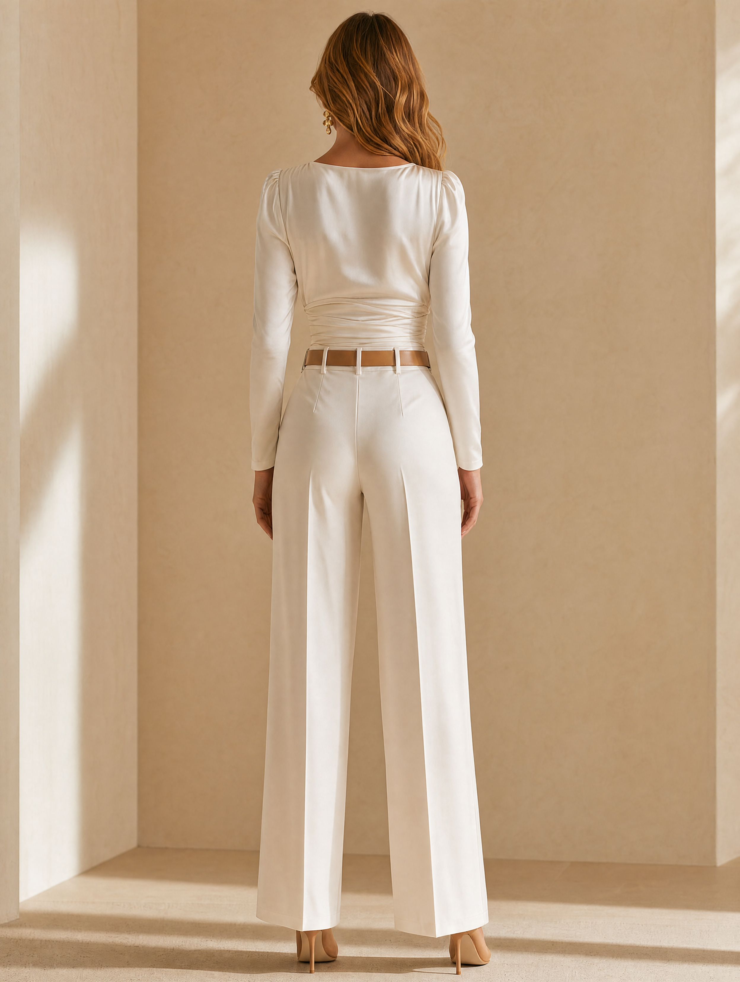 Elegant White Satin Set With A Pleated Design