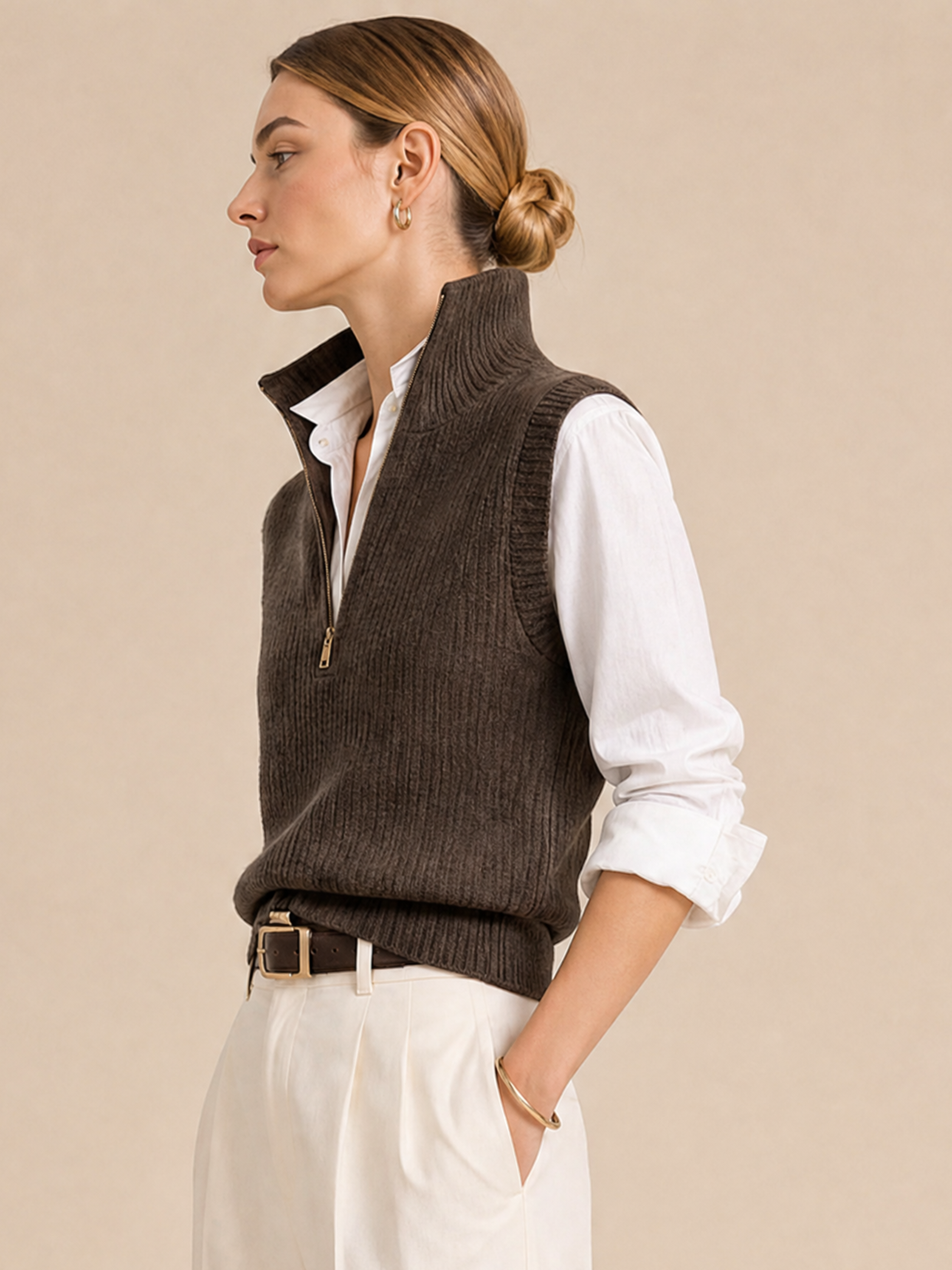 Elegant White Shirt & Chocolate Brown High-Neck Knit Vest Two-Piece Set
