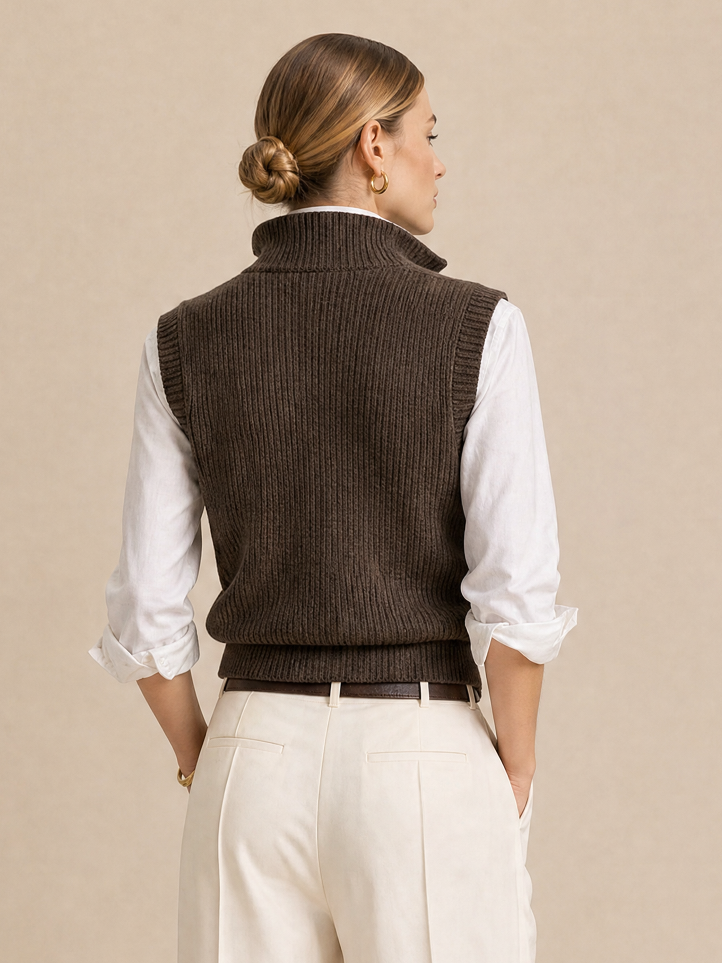 Elegant White Shirt & Chocolate Brown High-Neck Knit Vest Two-Piece Set