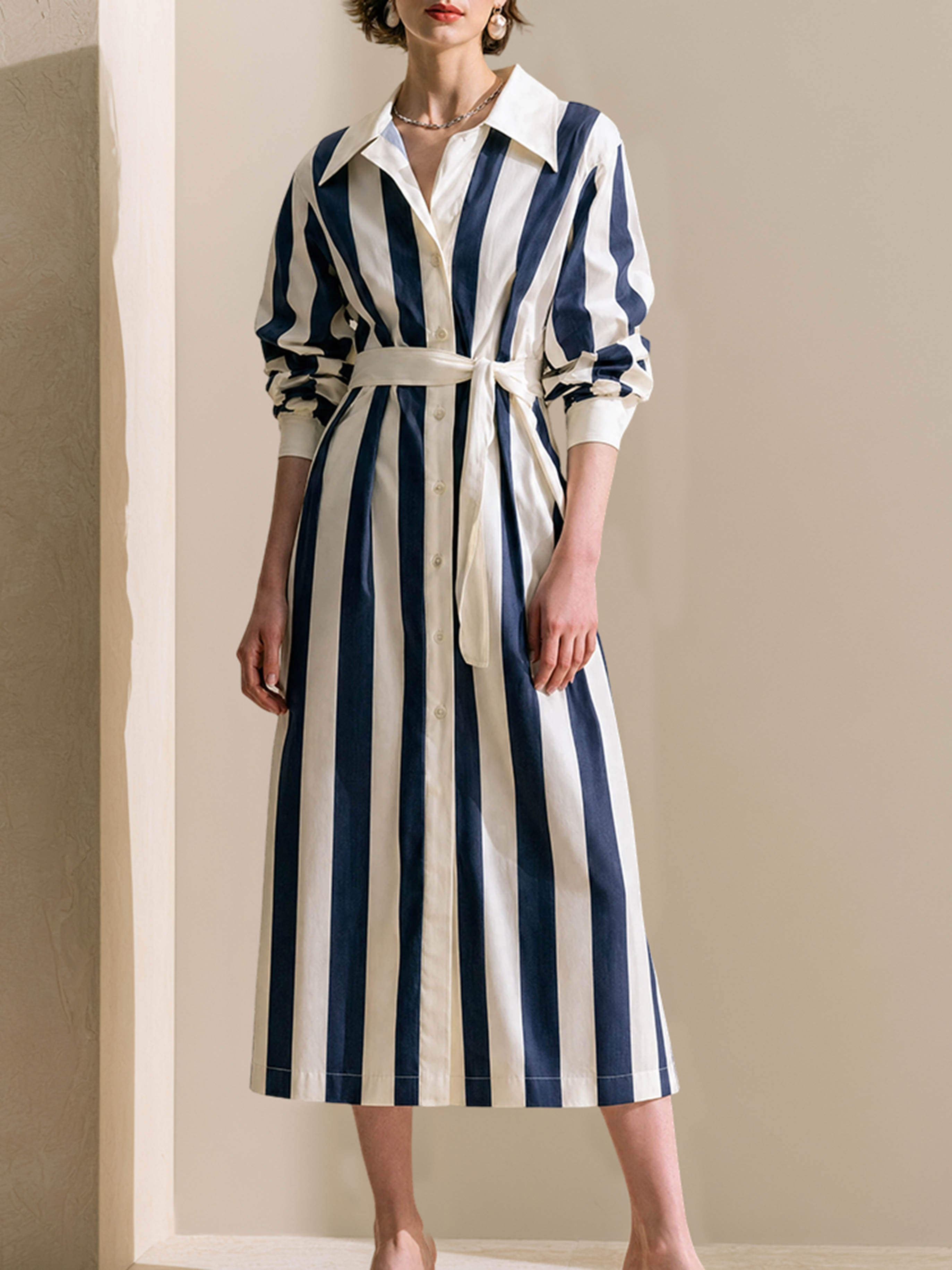 Elegant Navy & White Striped Belted Shirt Midi Dress