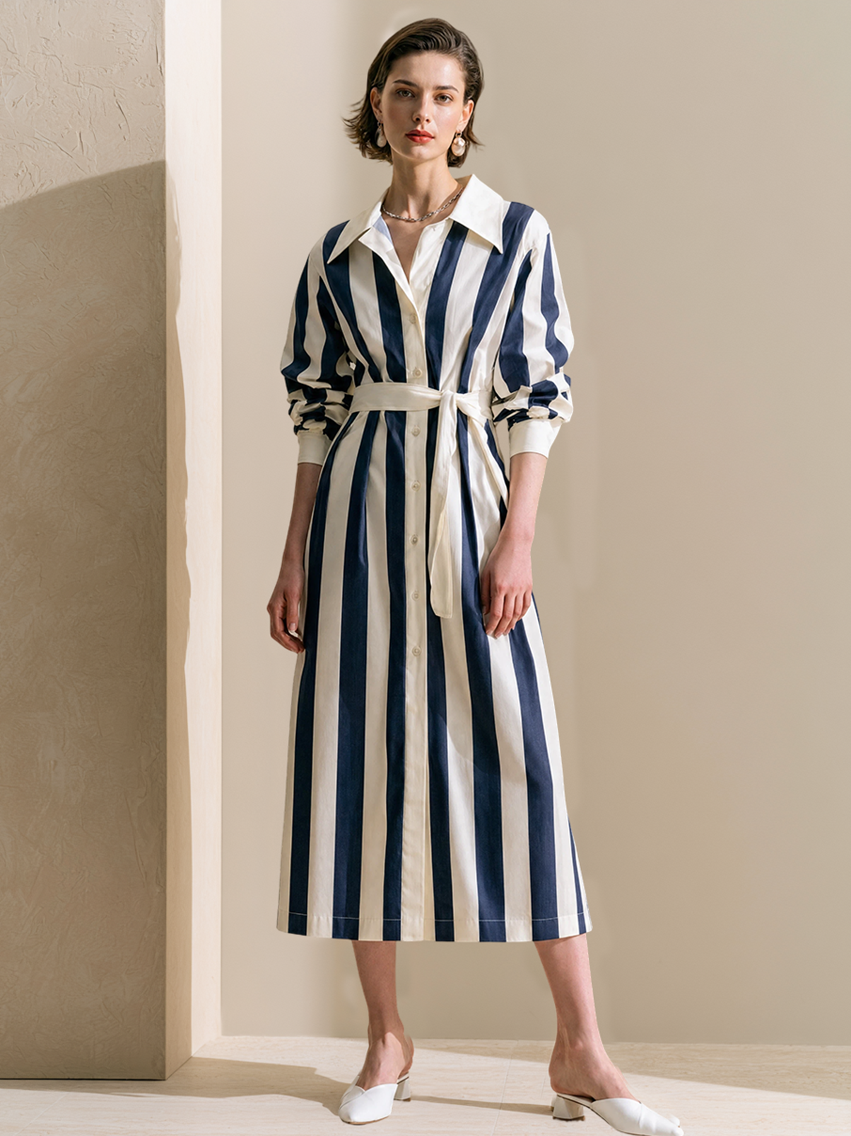 Elegant Navy & White Striped Belted Shirt Midi Dress