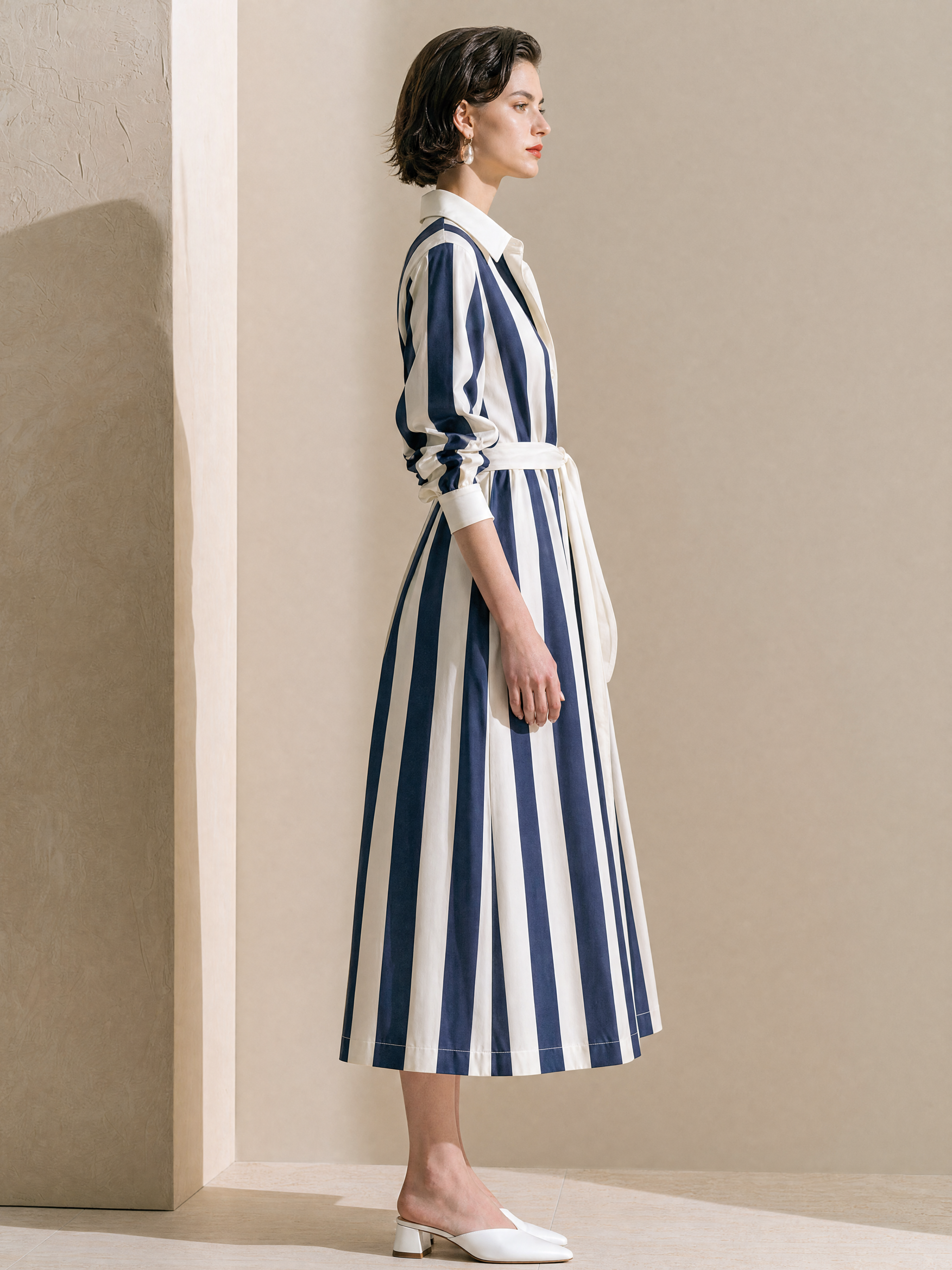 Elegant Navy & White Striped Belted Shirt Midi Dress