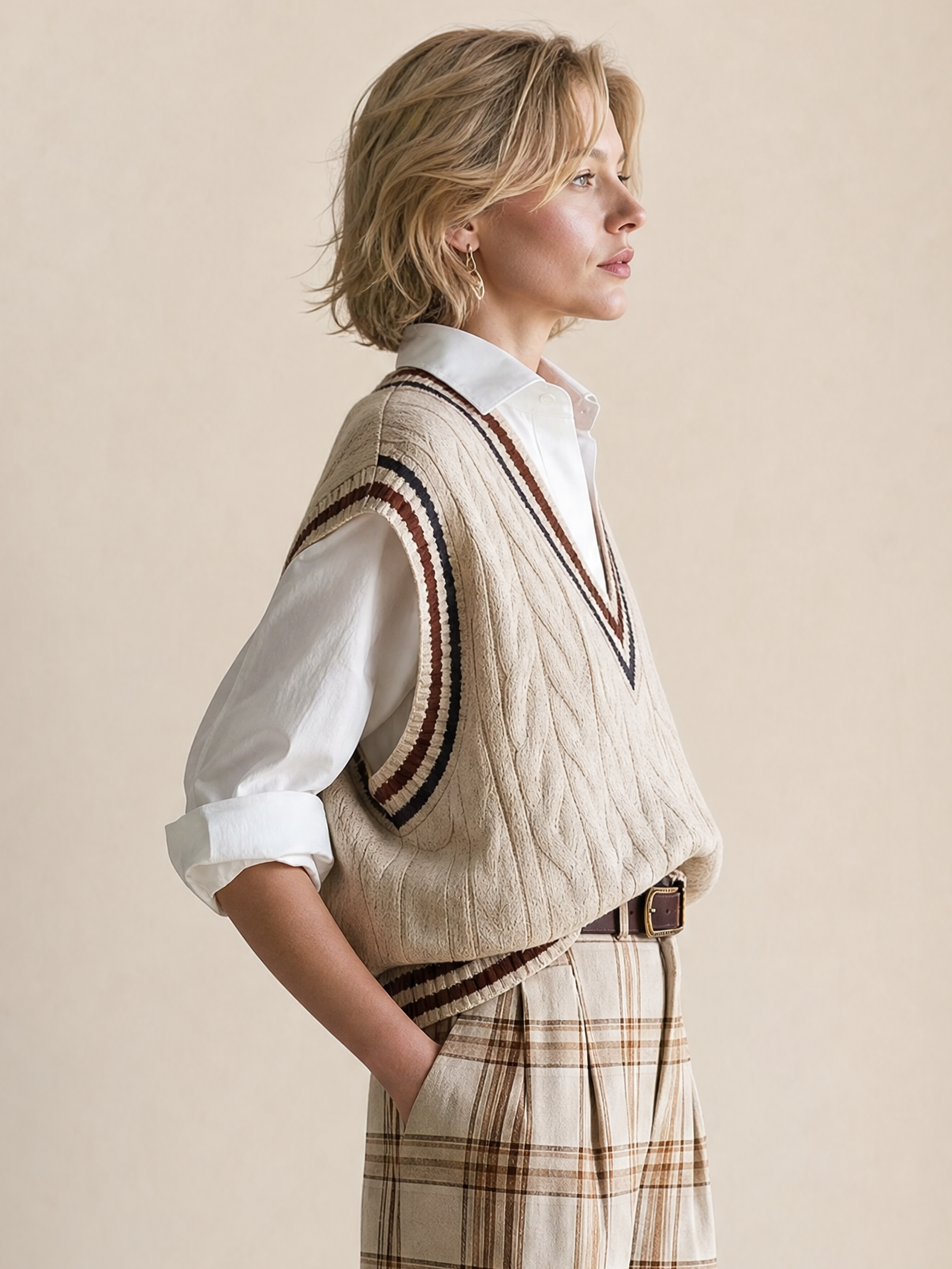 Elegant Beige Cable-Knit V-Neck Vest With Navy Contrast Stripes