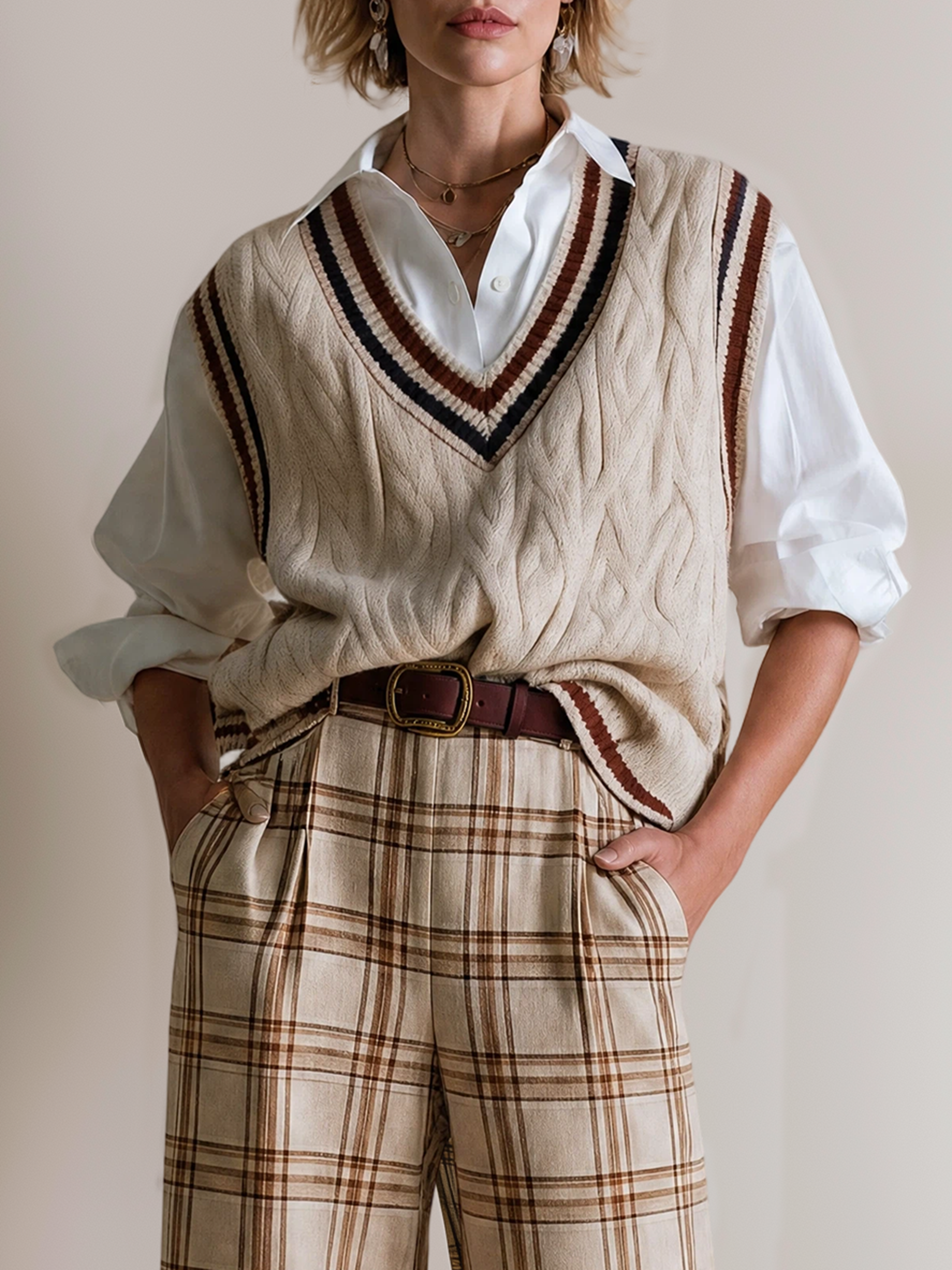 Elegant Beige Cable-Knit V-Neck Vest With Navy Contrast Stripes