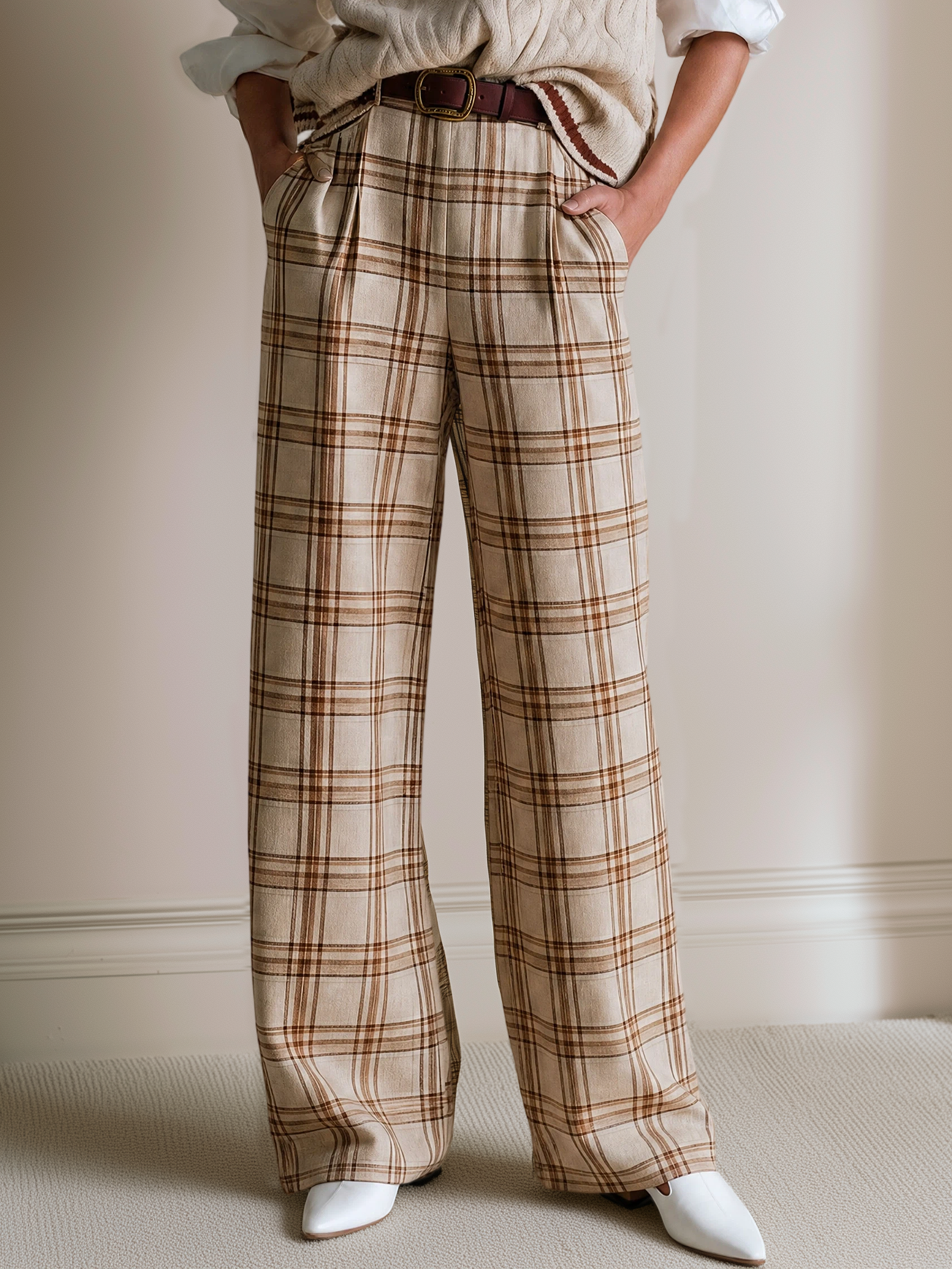 Elegant Beige & Coffee Brown Plaid High-Waisted Wide-Leg Trousers