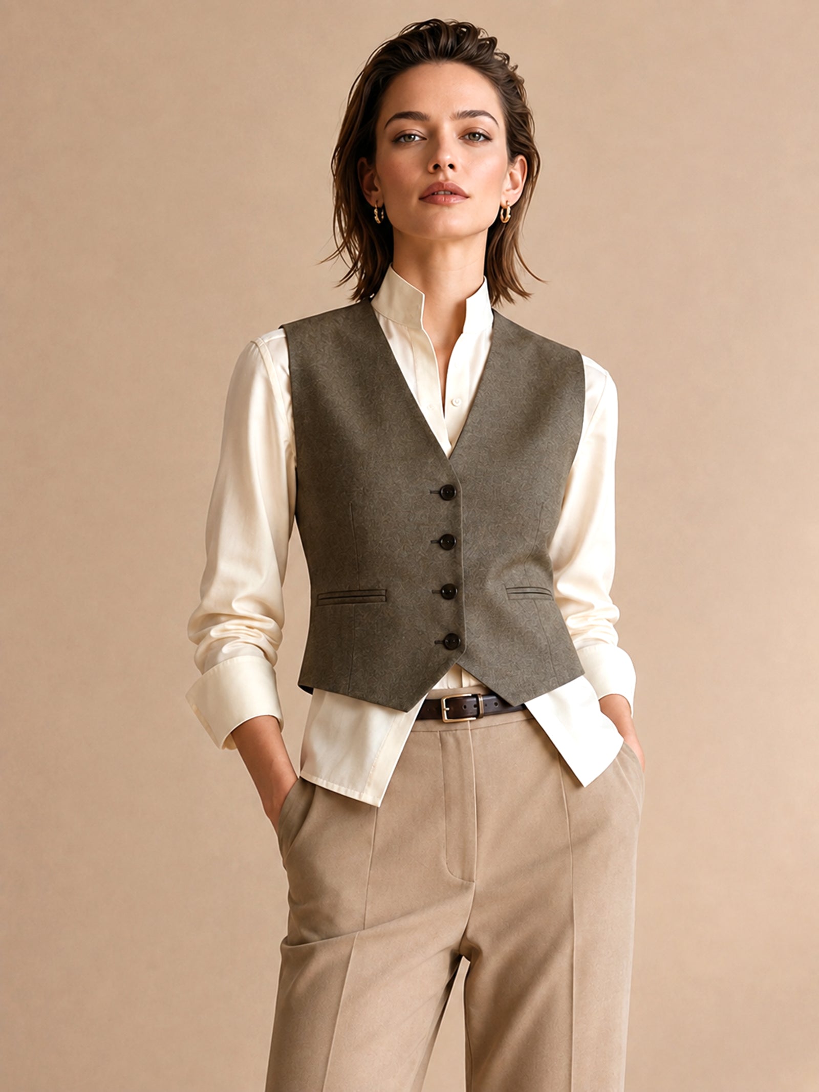 Two-piece Set: White Satin Shirt And Grey Vest