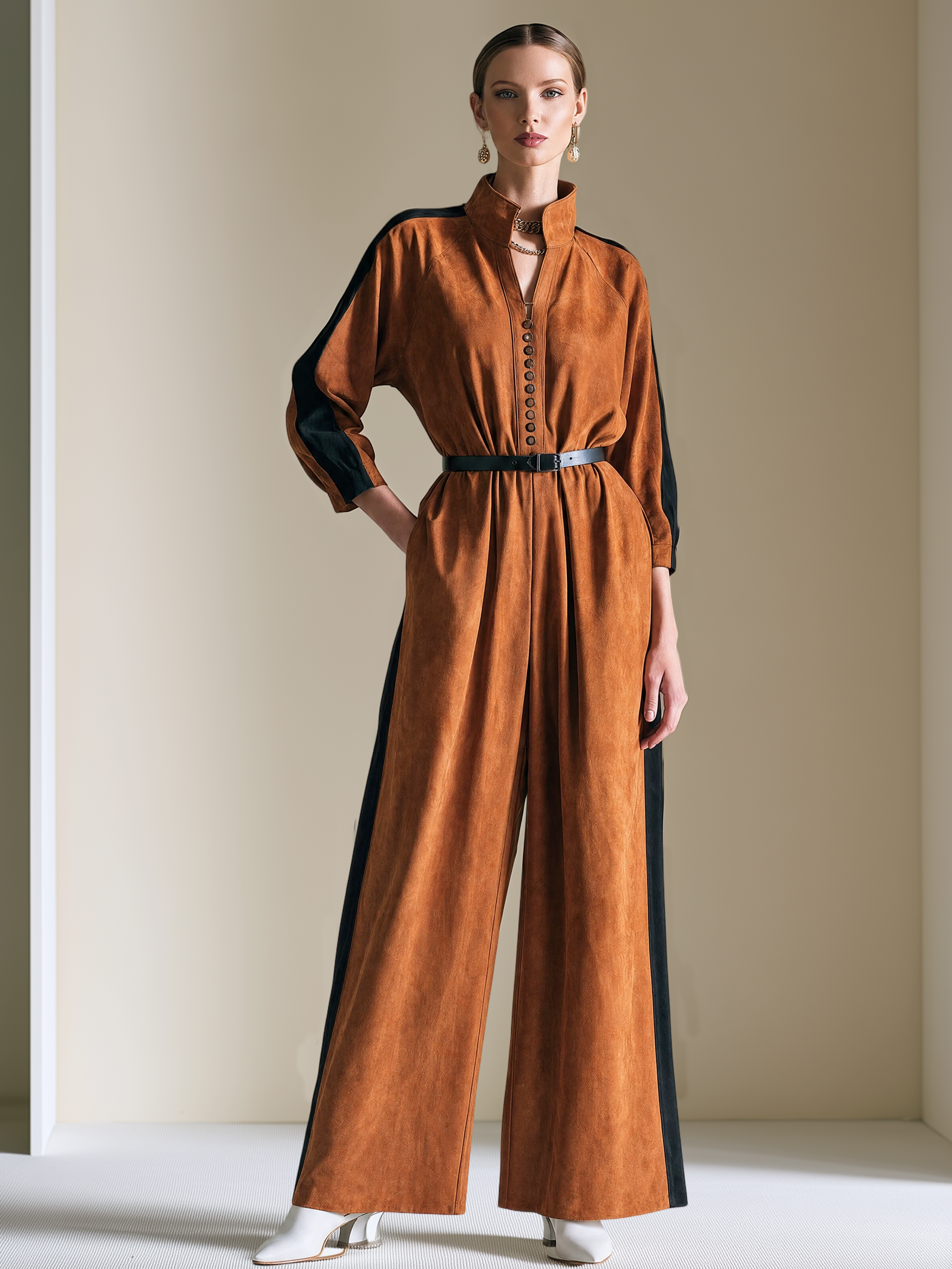 Elegant Cognac Brown & Black Contrast Suede Belted Wide-Leg Jumpsuit