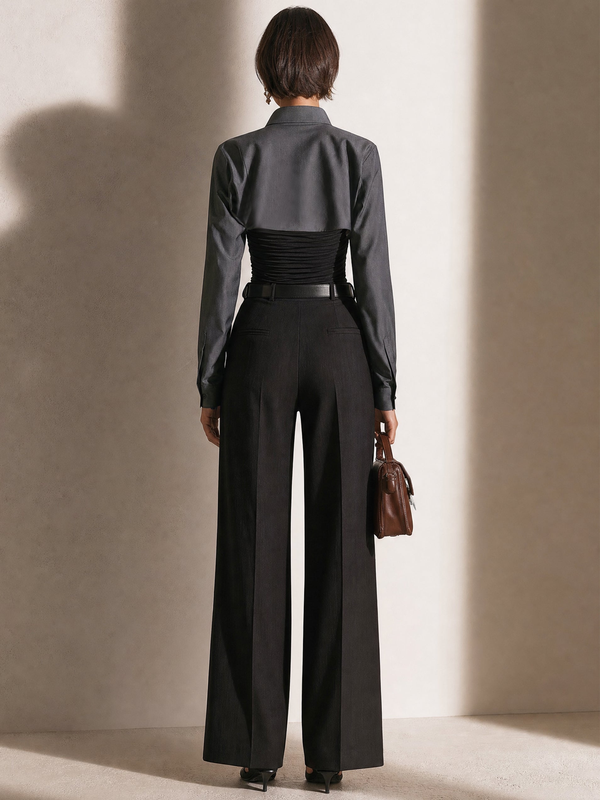 Elegant Collared Ruched Bandeau Long Sleeve Jumpsuit