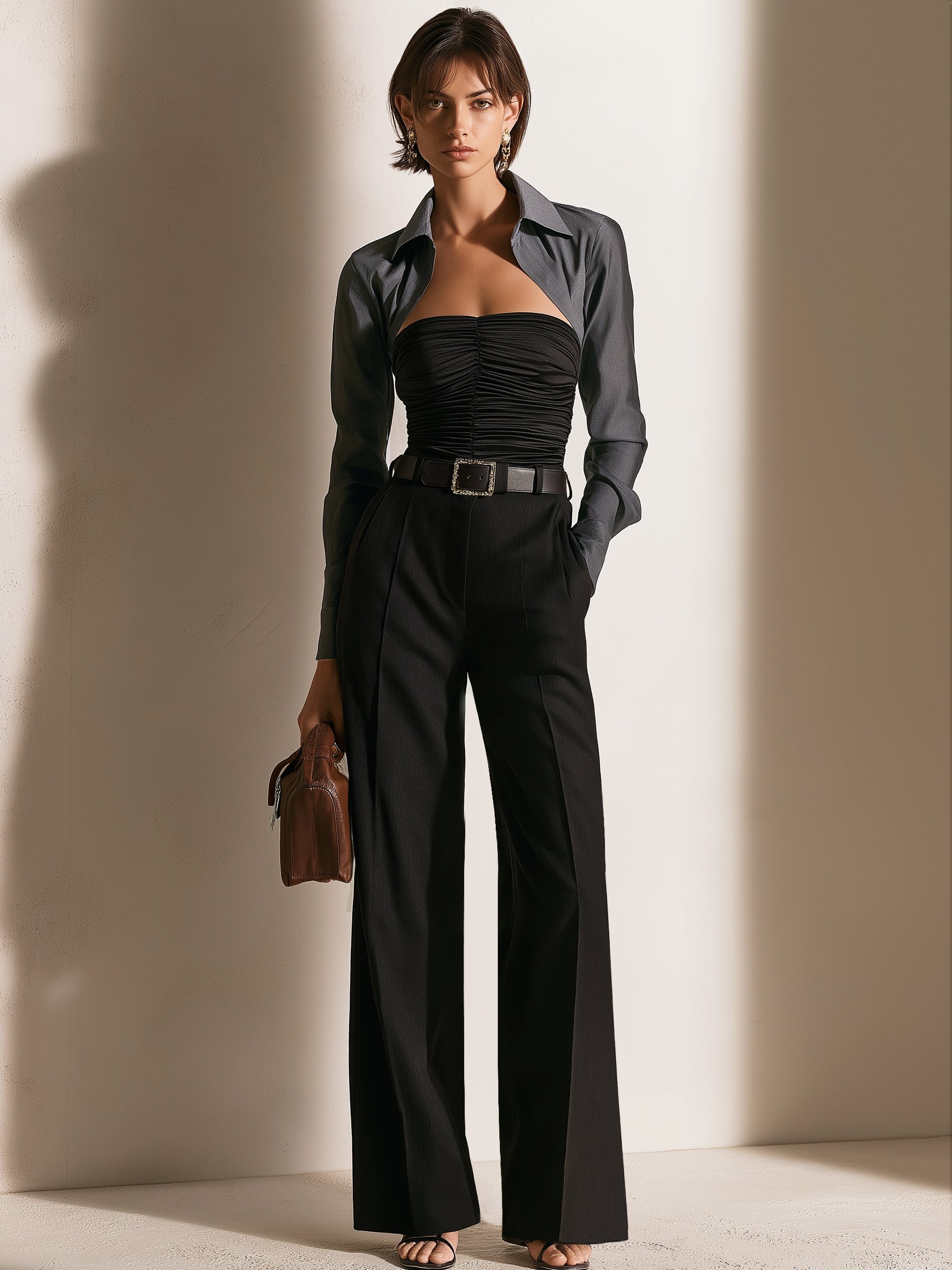 Elegant Collared Ruched Bandeau Long Sleeve Jumpsuit