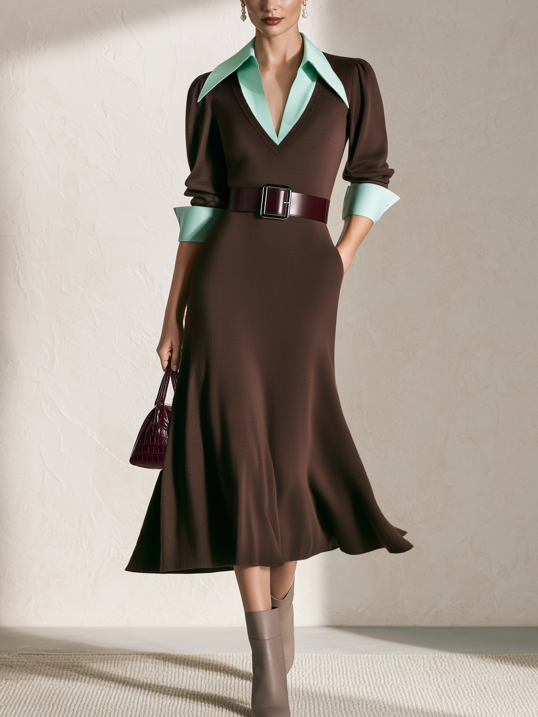 Color‑Block Collar Faux‑Two‑Piece Waisted Knit Midi Dress