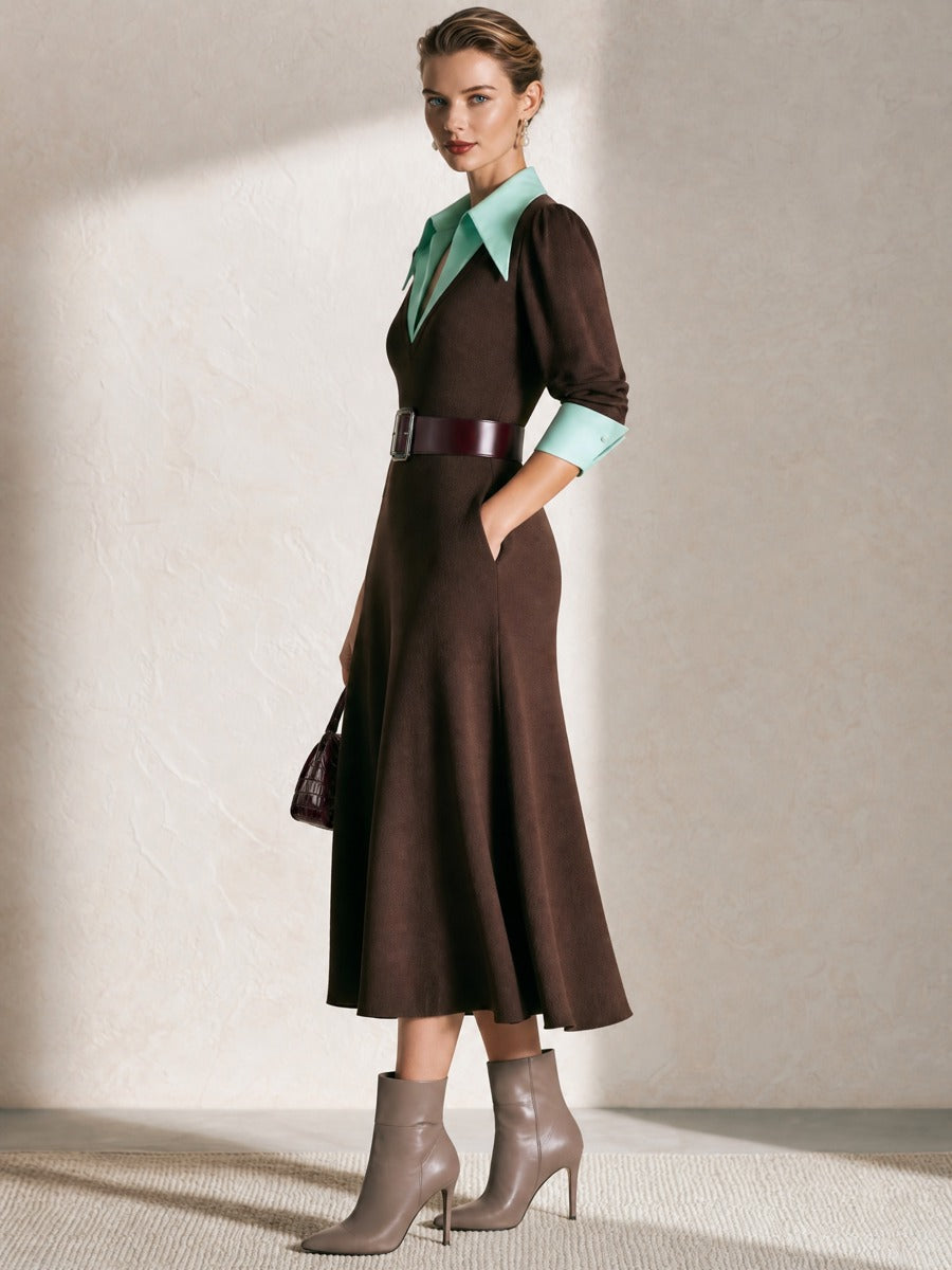 Color‑Block Collar Faux‑Two‑Piece Waisted Knit Midi Dress