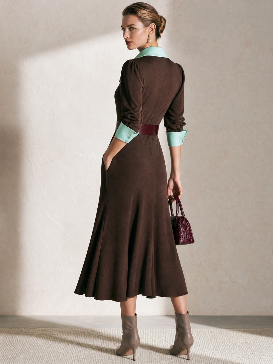 Color‑Block Collar Faux‑Two‑Piece Waisted Knit Midi Dress