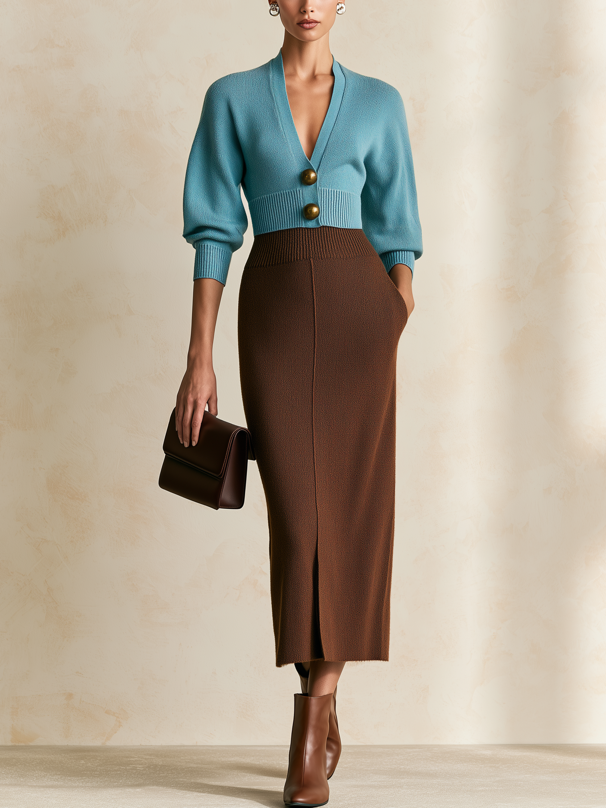 Elegant Color‑Block Knit Two‑Set V‑Neck Cardigan & Slit Midi Skirt