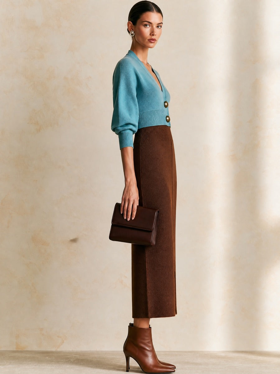 Elegant Color‑Block Knit Two‑Set V‑Neck Cardigan & Slit Midi Skirt