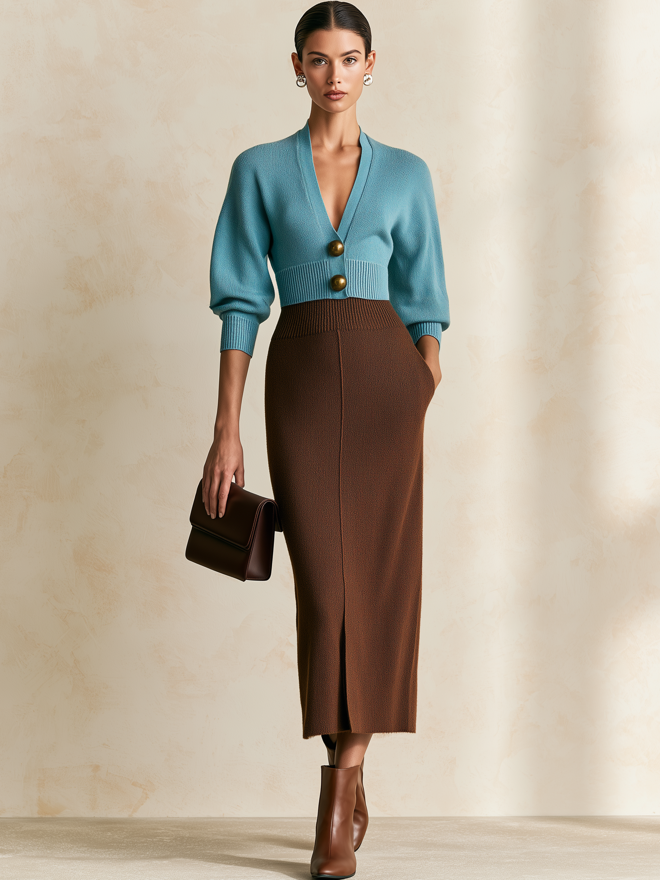 Elegant Color‑Block Knit Two‑Set V‑Neck Cardigan & Slit Midi Skirt