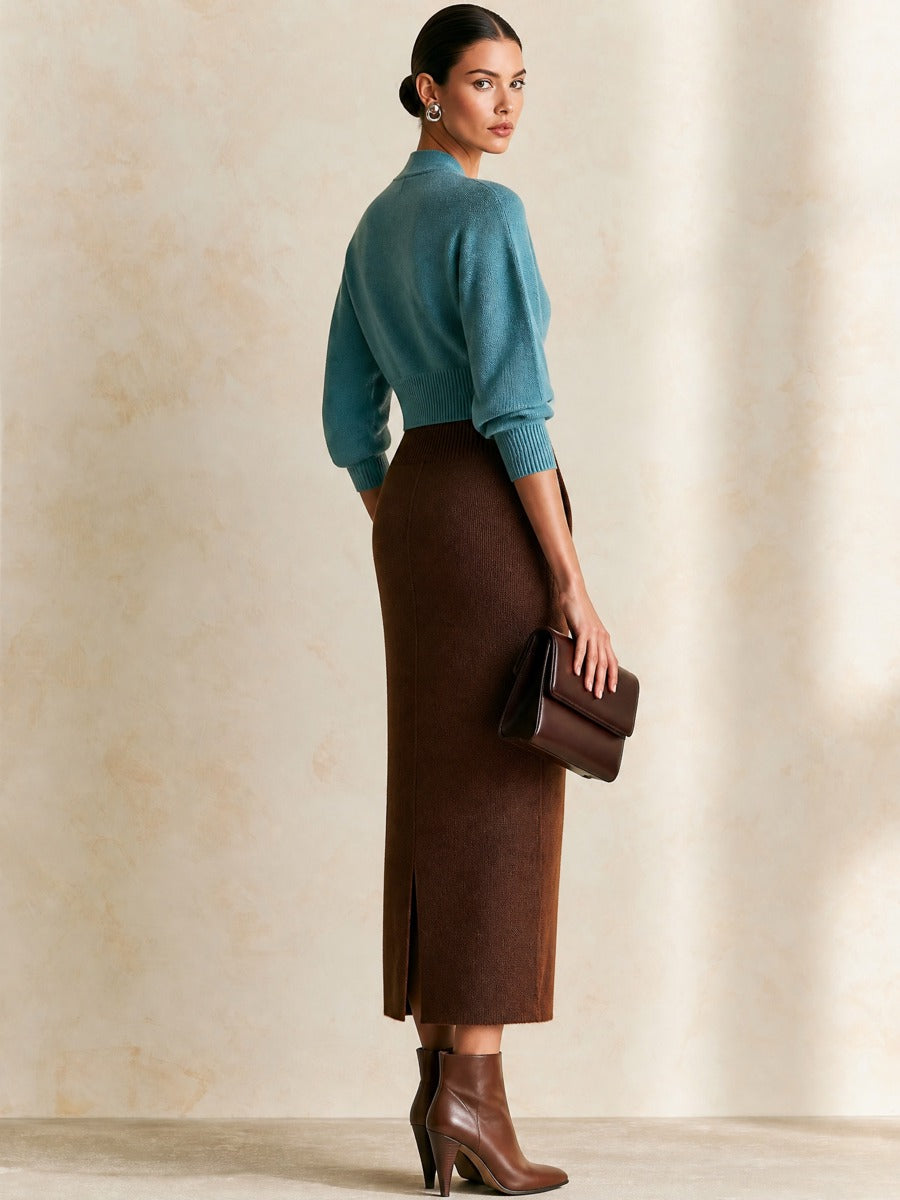 Elegant Color‑Block Knit Two‑Set V‑Neck Cardigan & Slit Midi Skirt