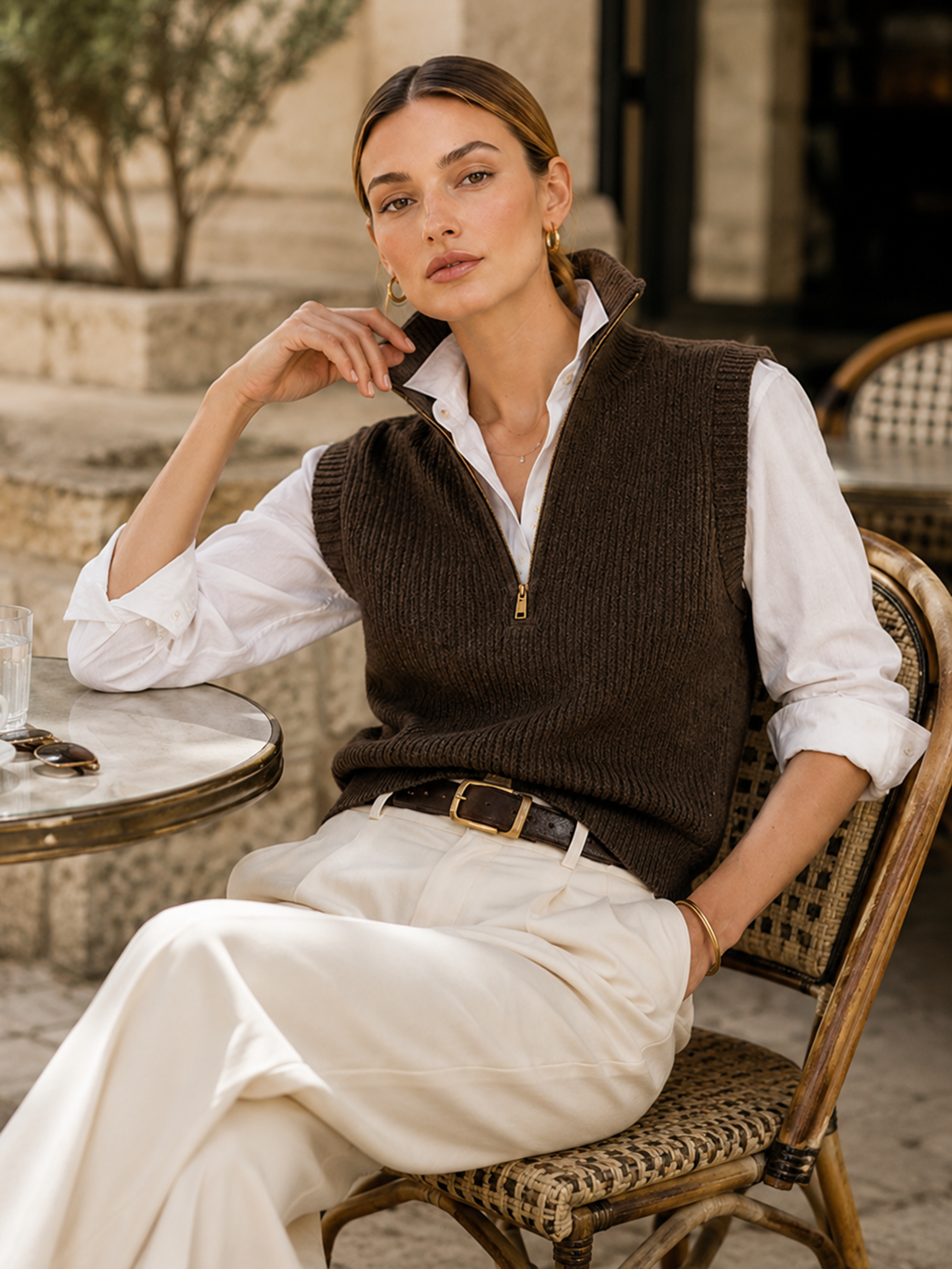 Elegant White Shirt & Chocolate Brown High-Neck Knit Vest Two-Piece Set