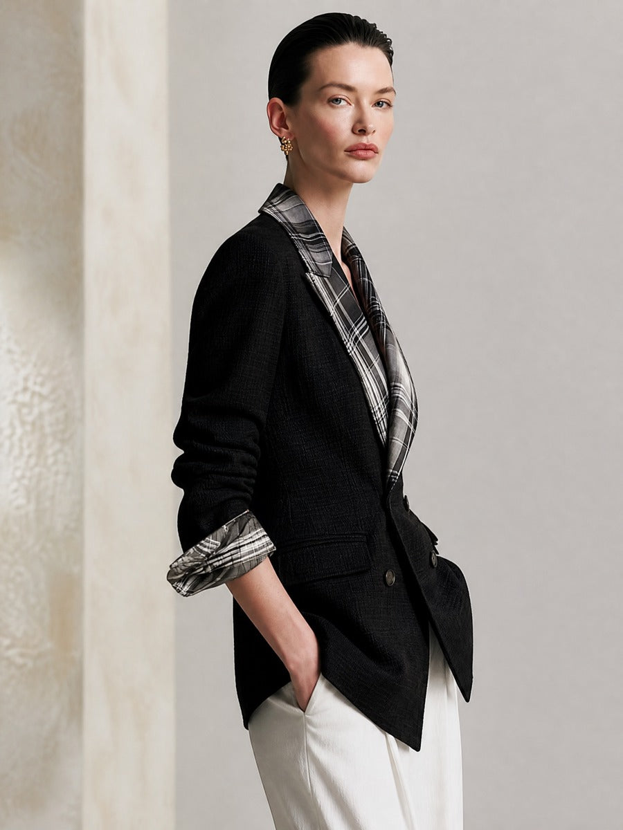 Elegant Plaid Contrast Lapel Double‑Breasted Textured Blazer