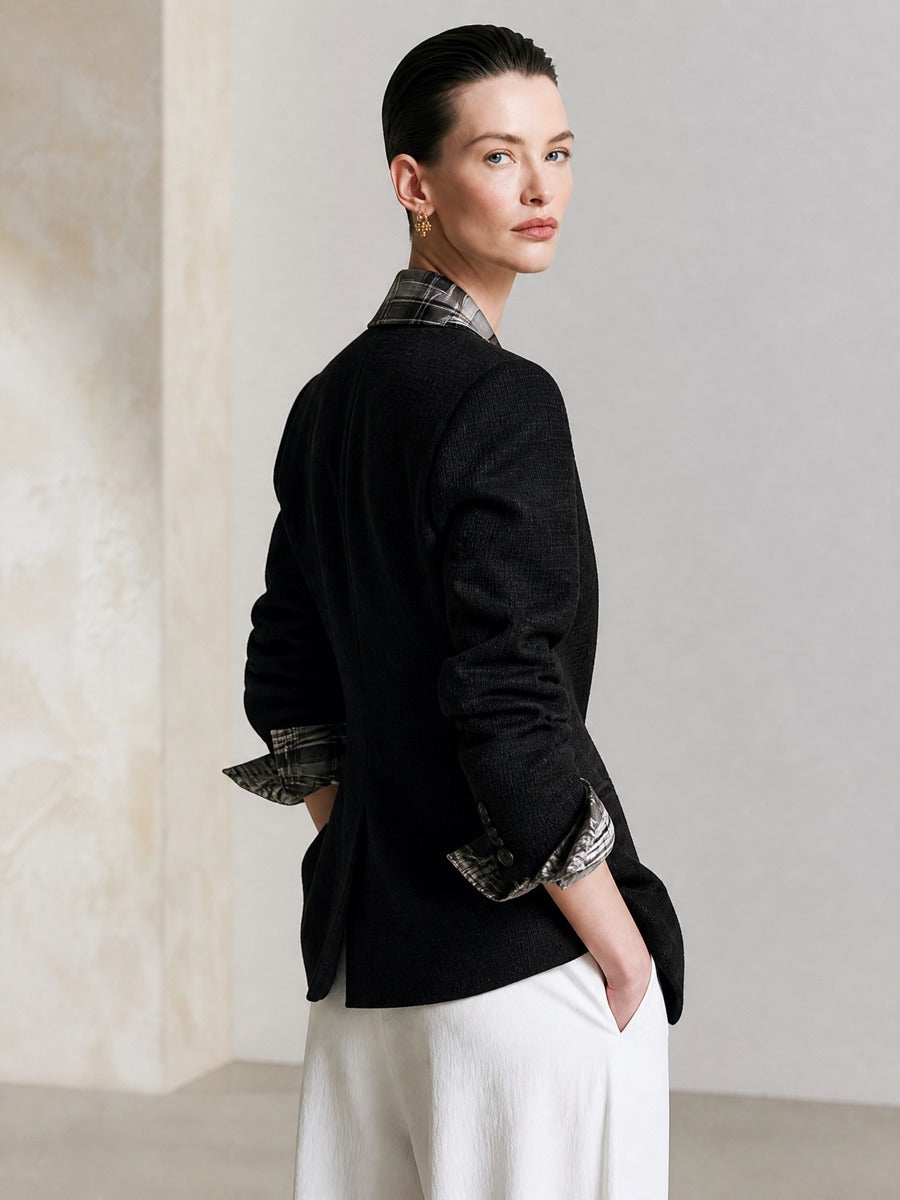Elegant Plaid Contrast Lapel Double‑Breasted Textured Blazer