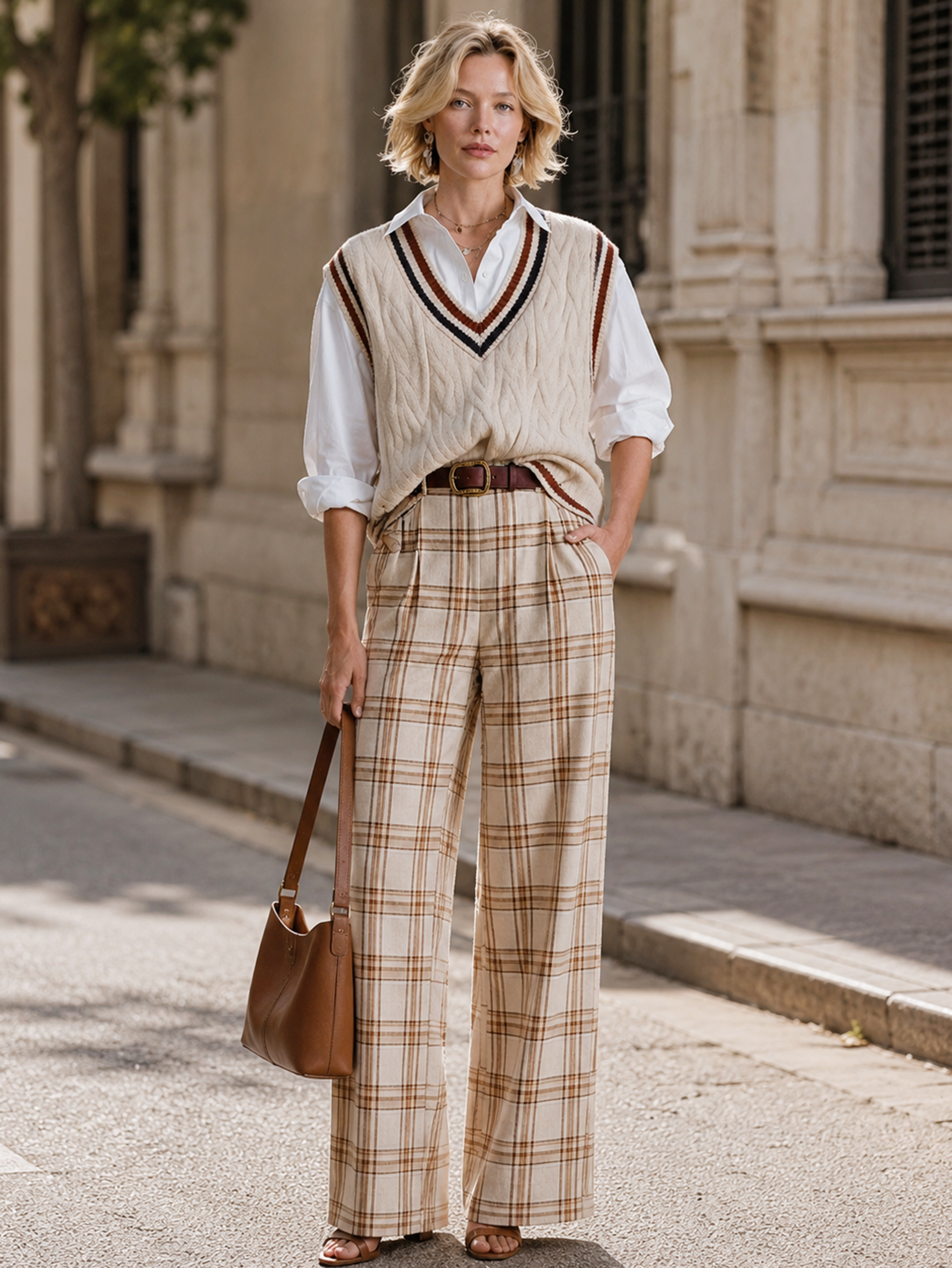 Elegant Beige Cable-Knit V-Neck Vest With Navy Contrast Stripes