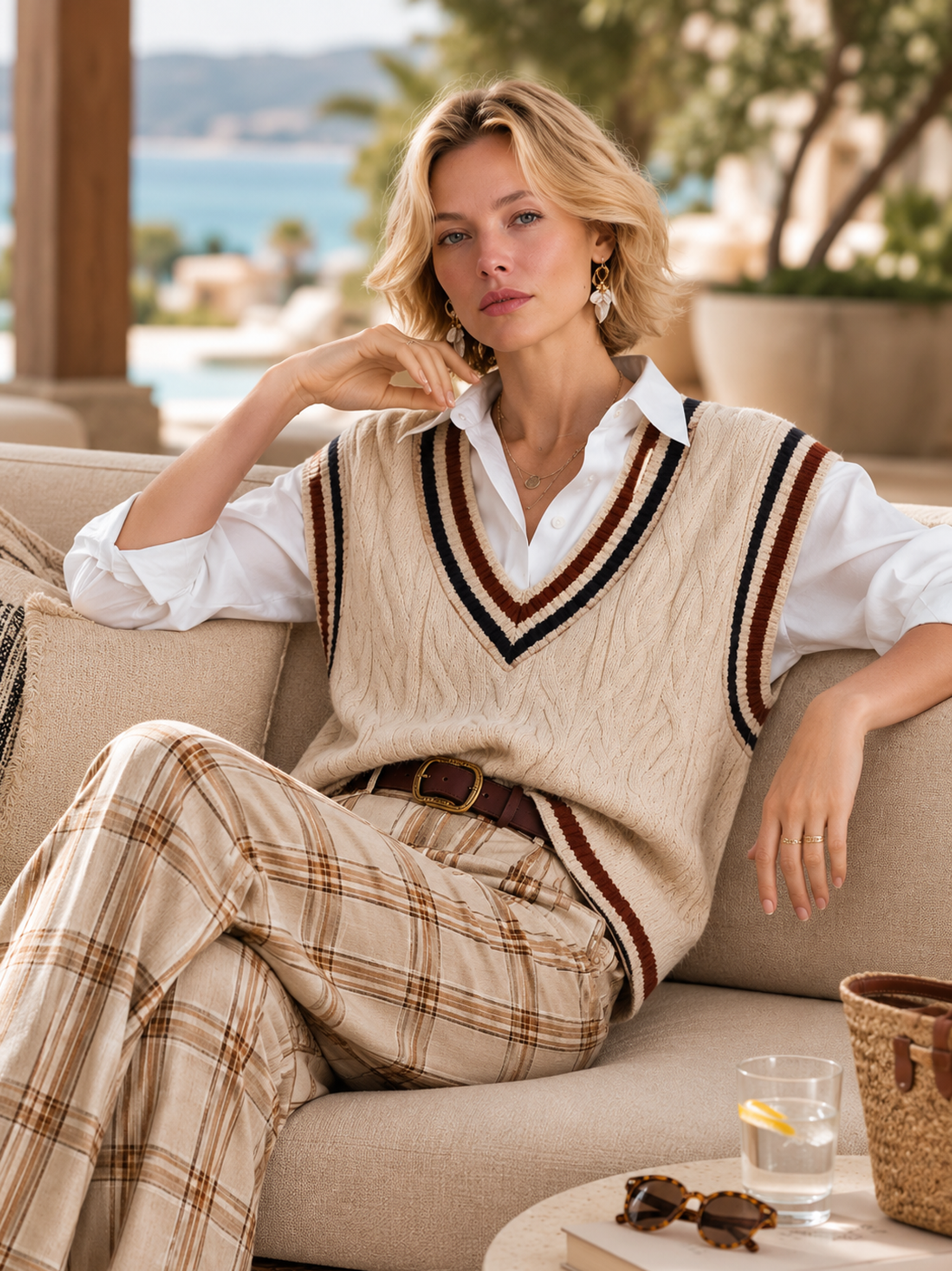 Elegant Beige Cable-Knit V-Neck Vest With Navy Contrast Stripes