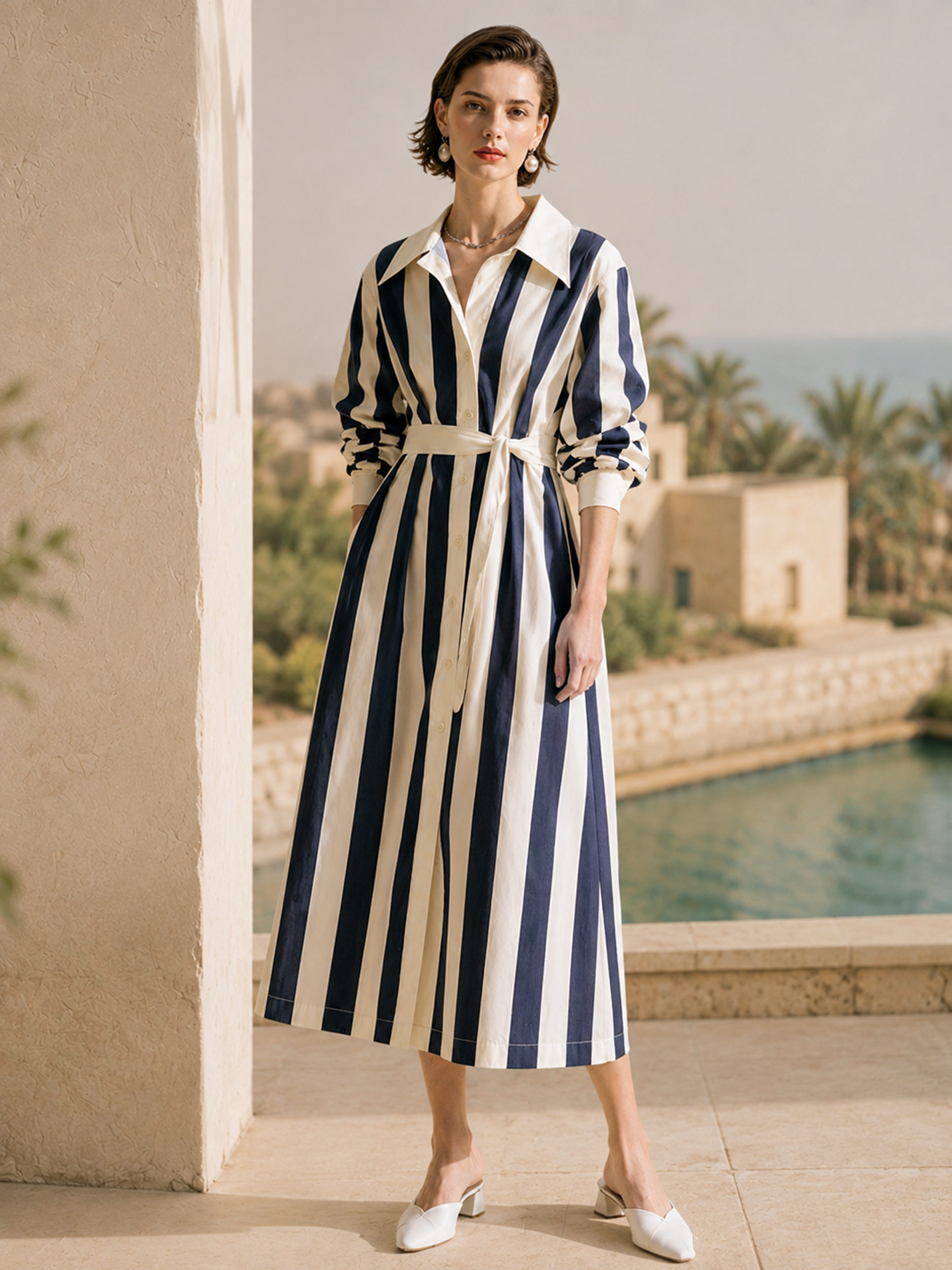 Elegant Navy & White Striped Belted Shirt Midi Dress