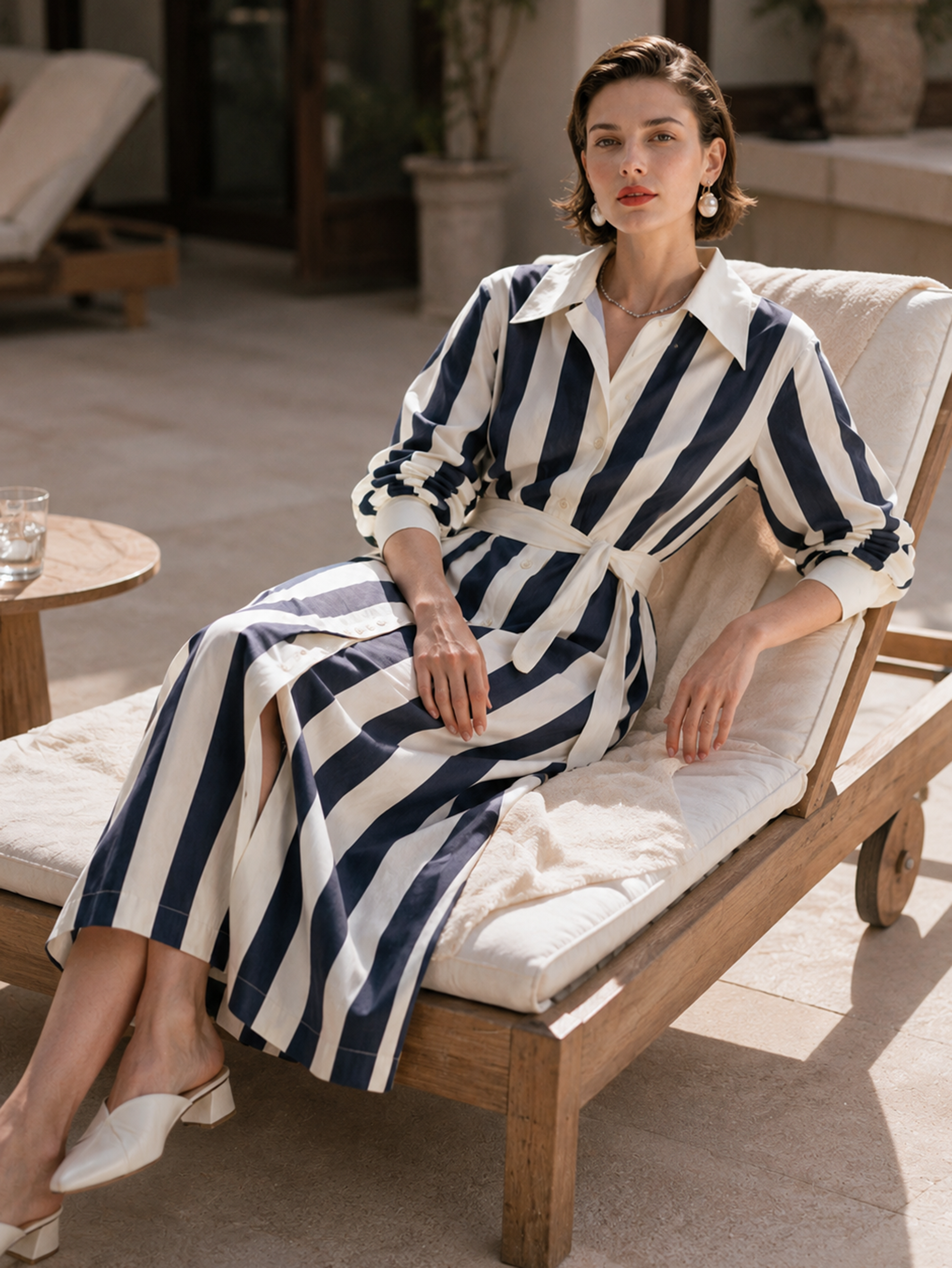 Elegant Navy & White Striped Belted Shirt Midi Dress