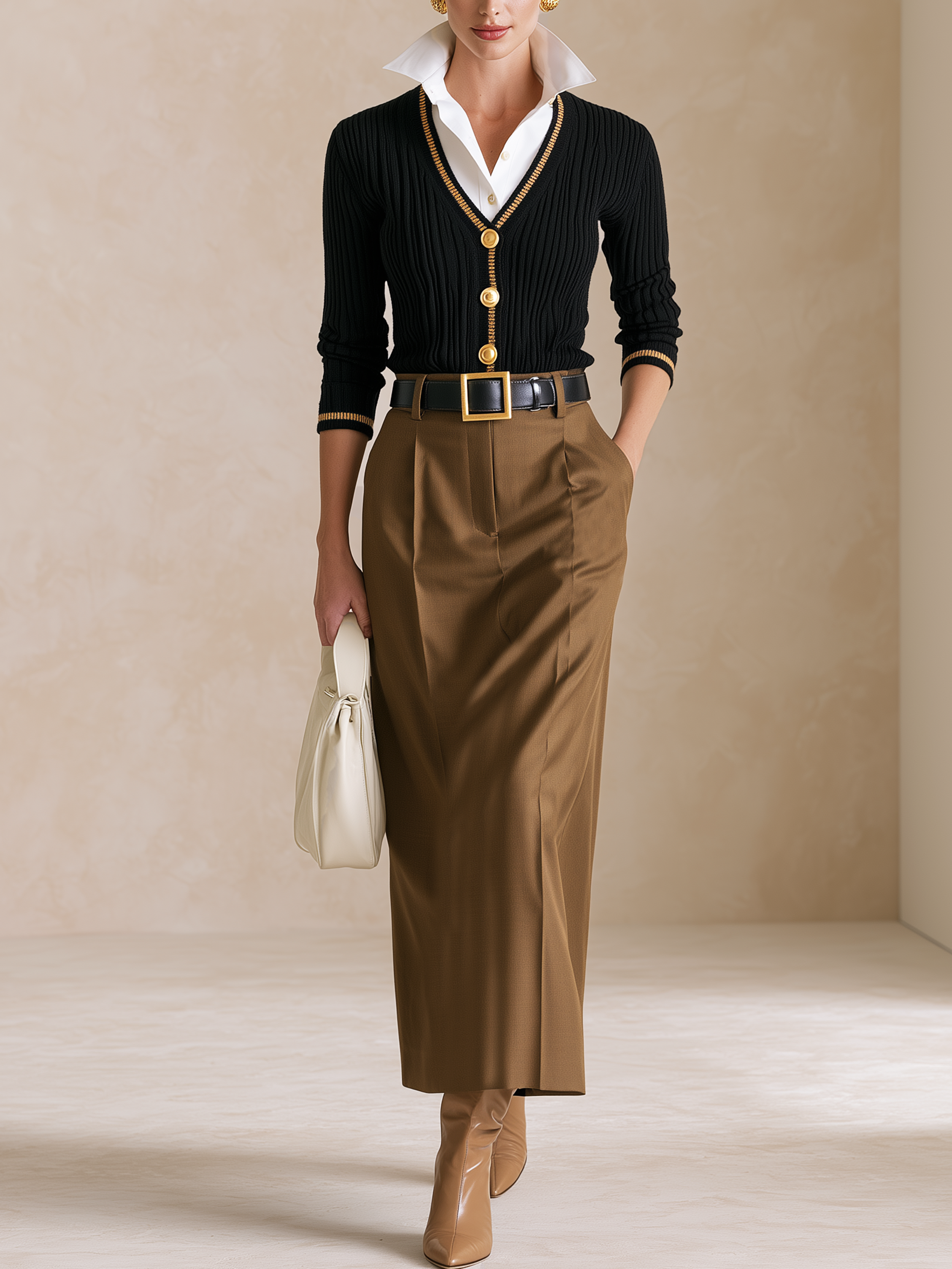 Elegant V‑Neck Gold‑Trim Knit Top & Taupe Midi Skirt Two‑Piece Set