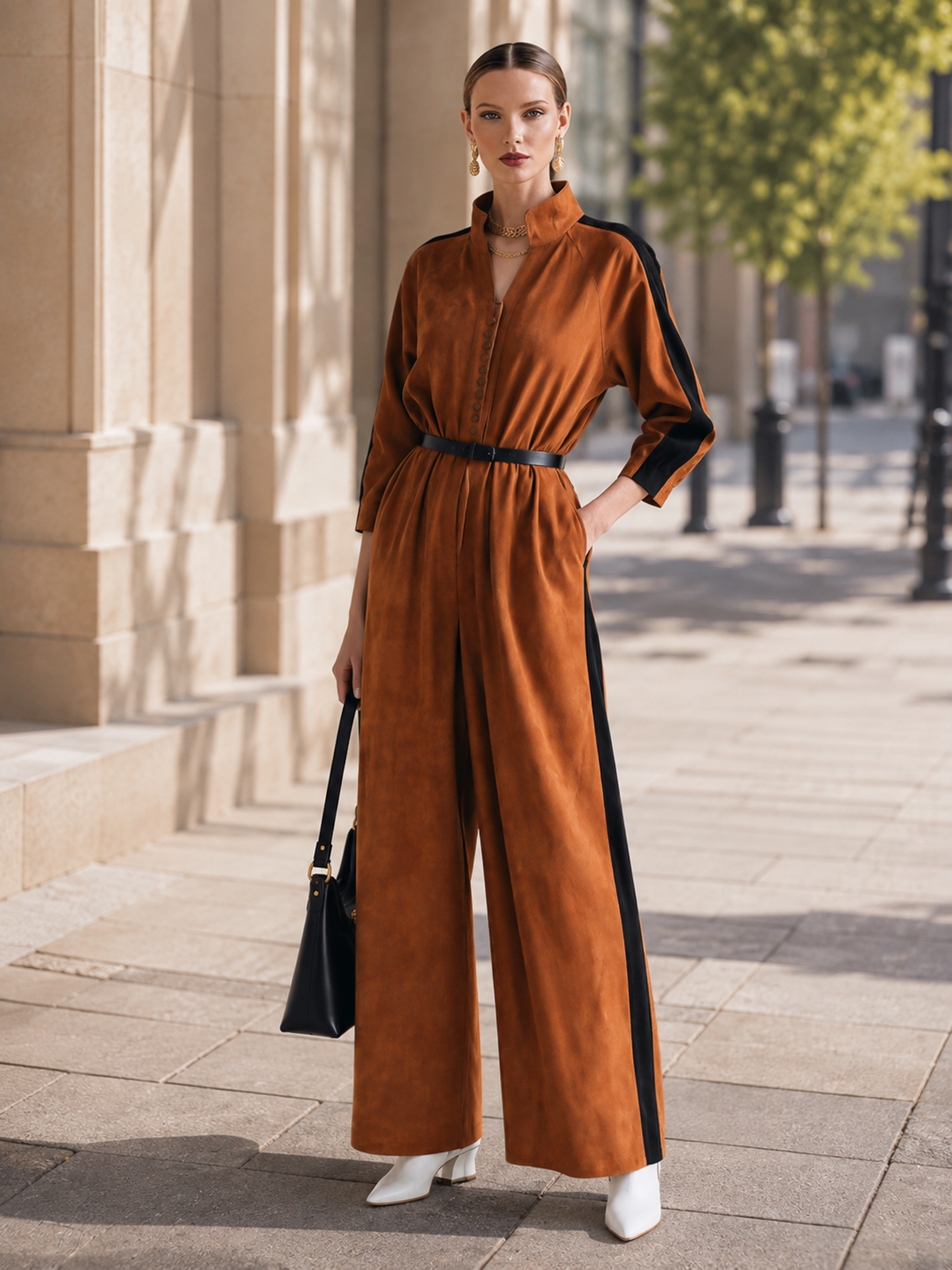 Elegant Cognac Brown & Black Contrast Suede Belted Wide-Leg Jumpsuit