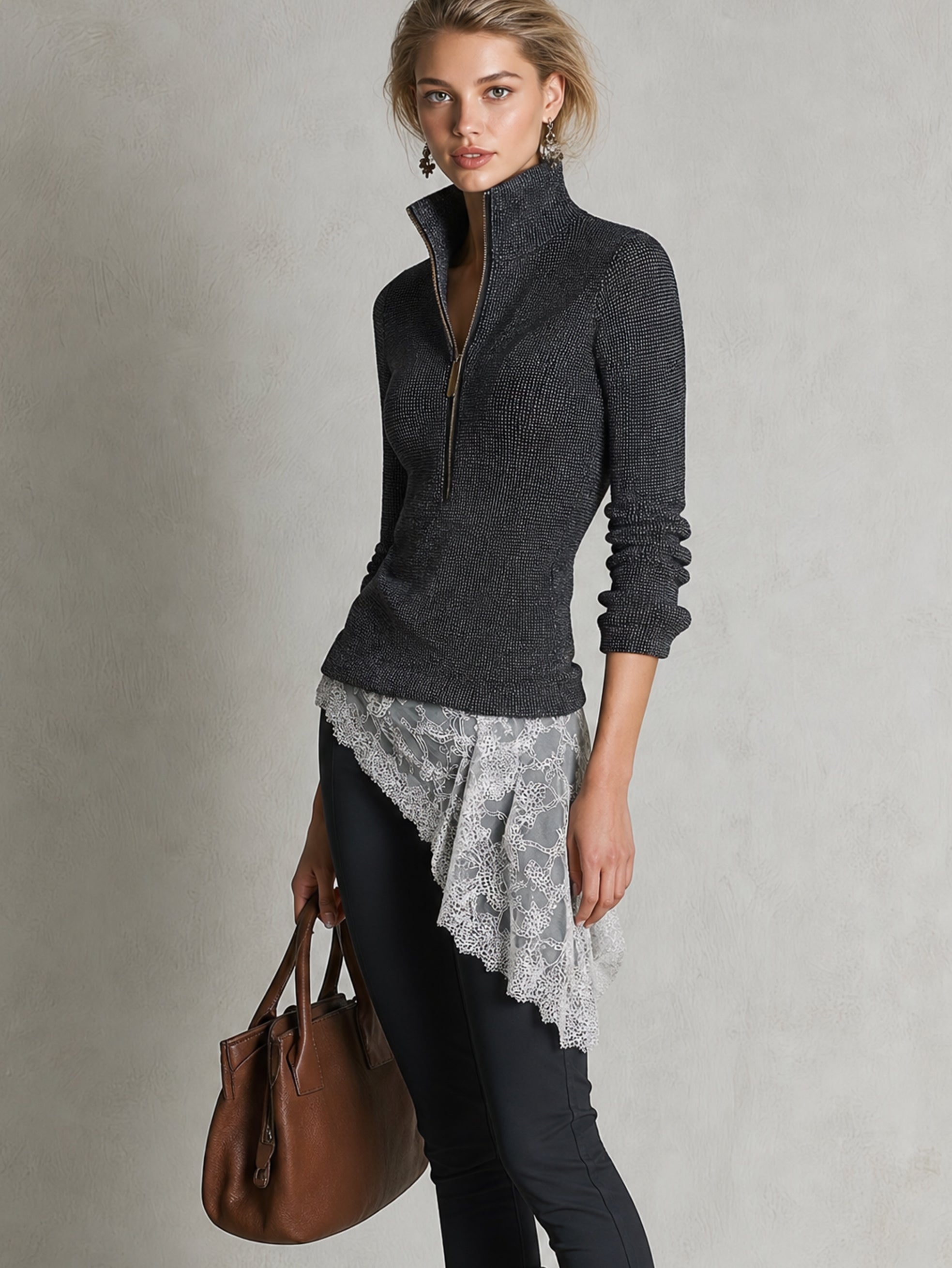 Half‑Zip Stand‑Collar Knit Top With Asymmetrical Lace Hem