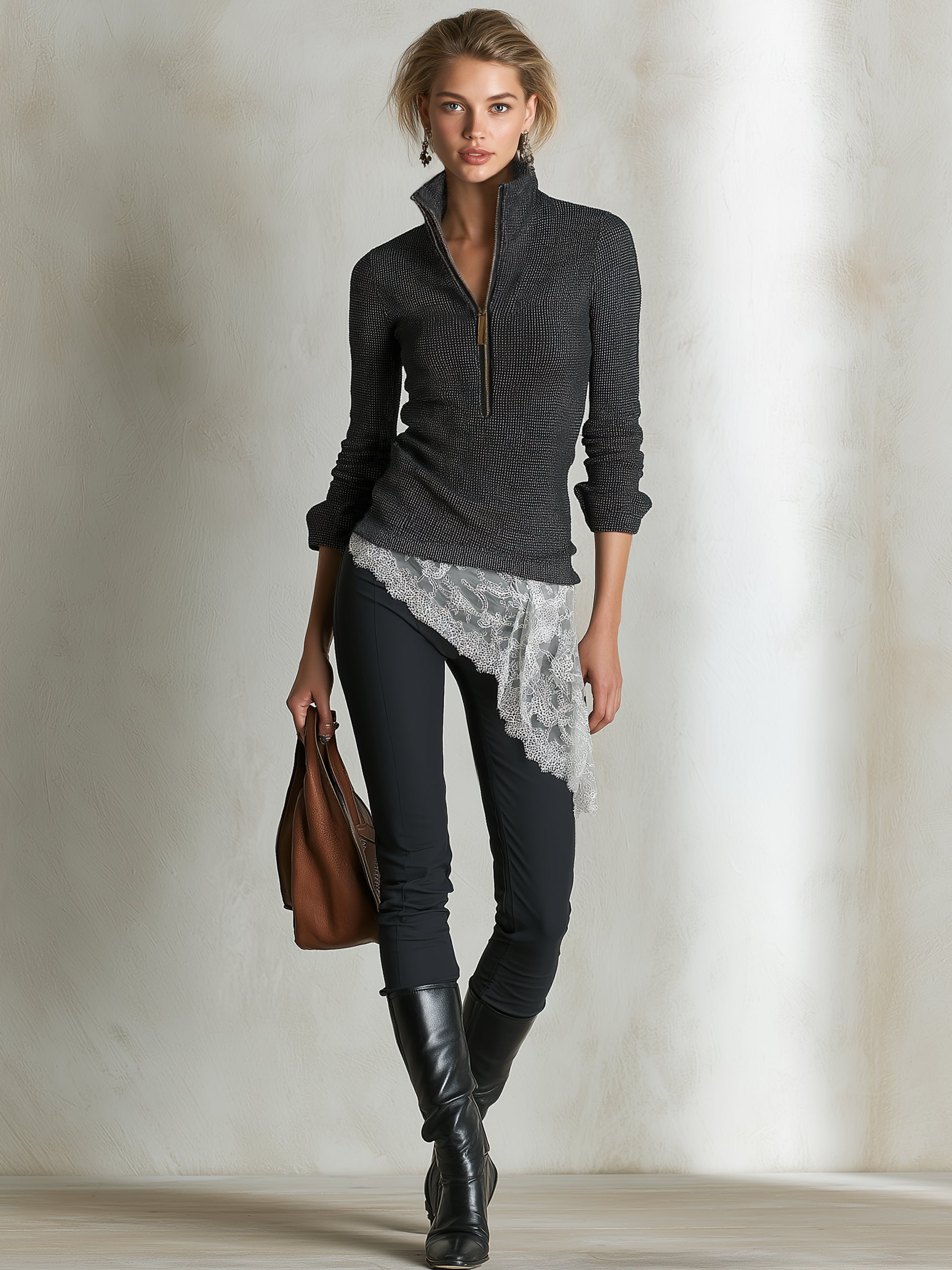 Half‑Zip Stand‑Collar Knit Top With Asymmetrical Lace Hem