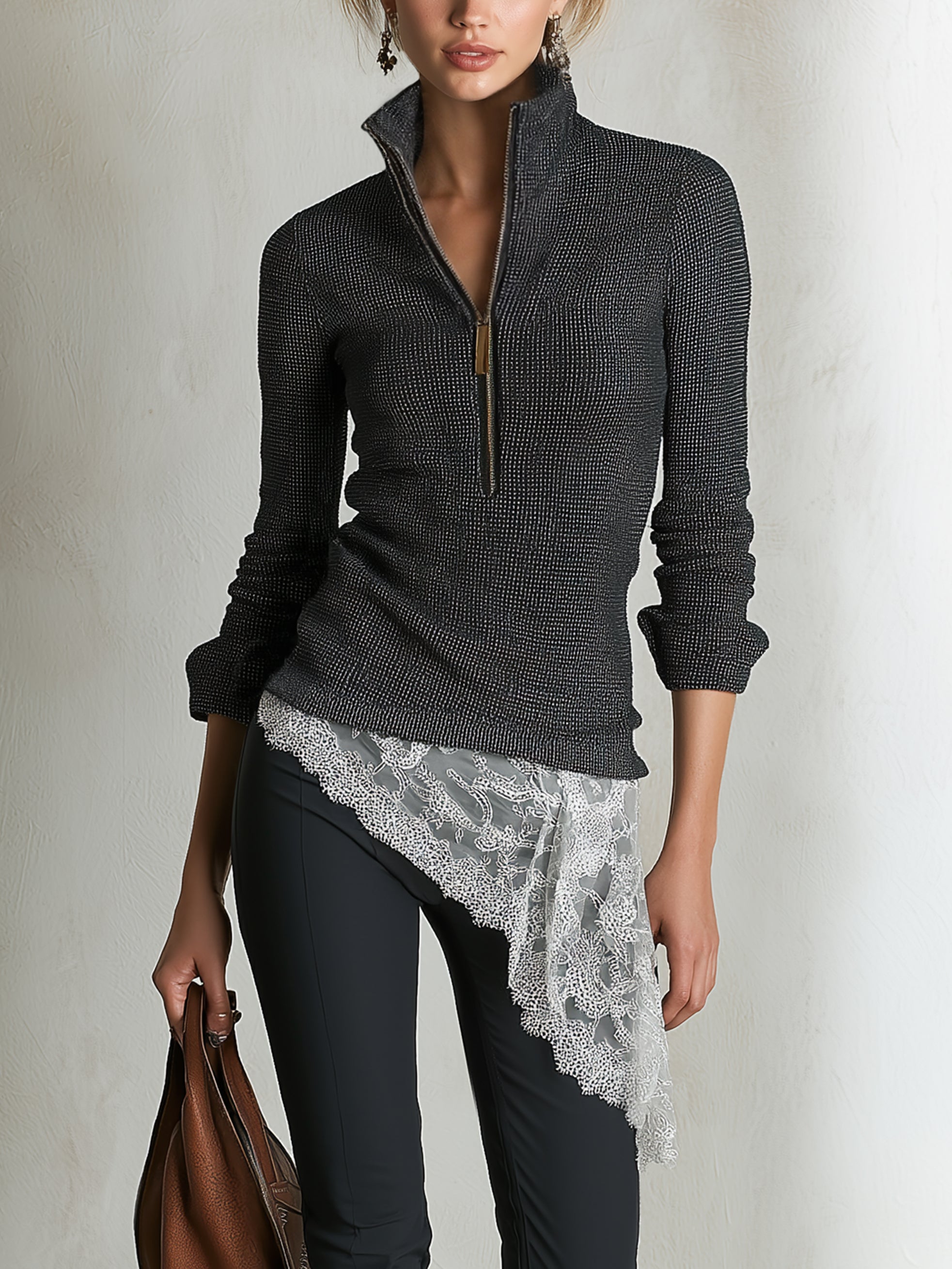 Half‑Zip Stand‑Collar Knit Top With Asymmetrical Lace Hem