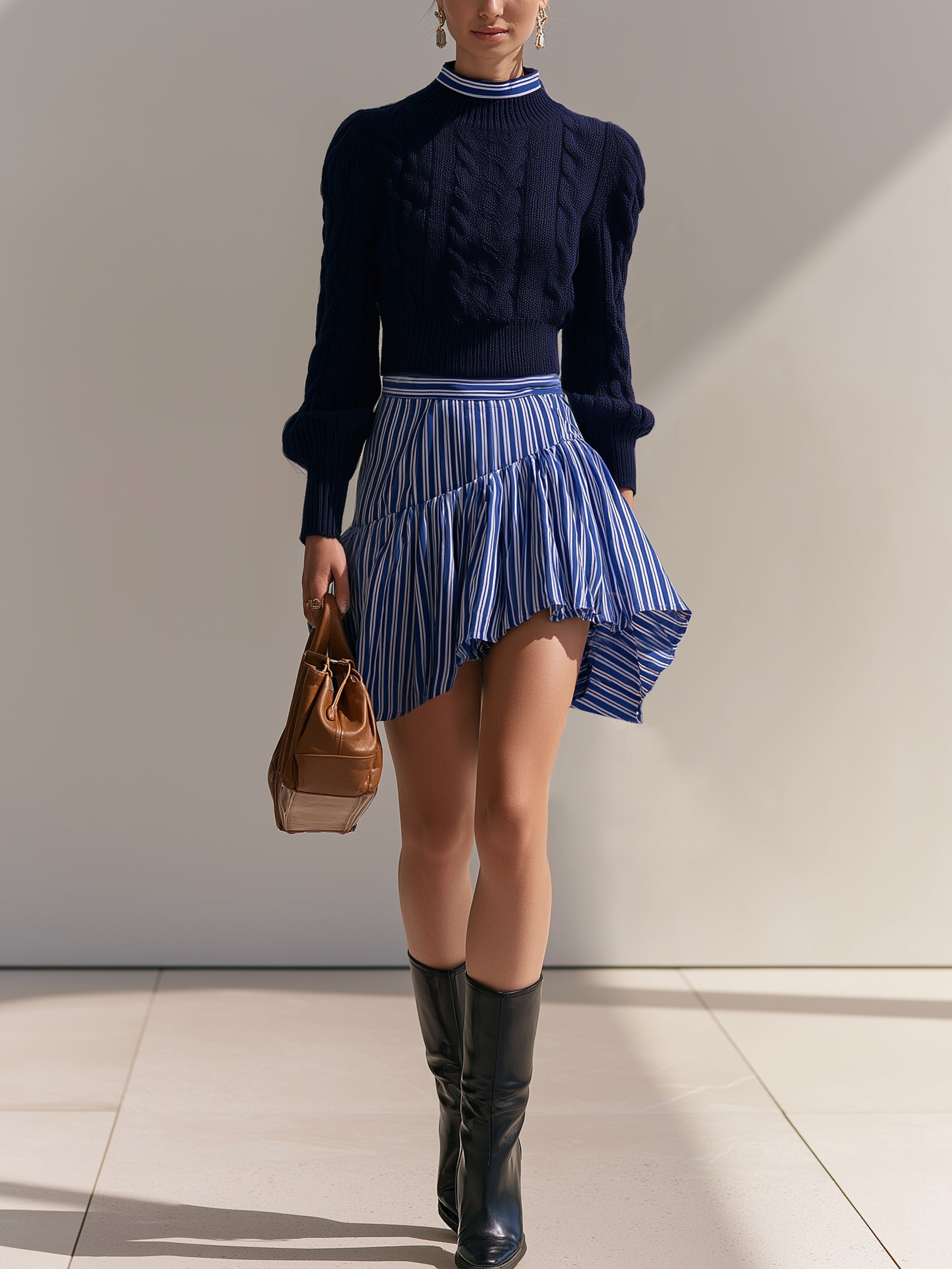 Mock‑Neck Sweater & Striped Ruffle Skirt Set