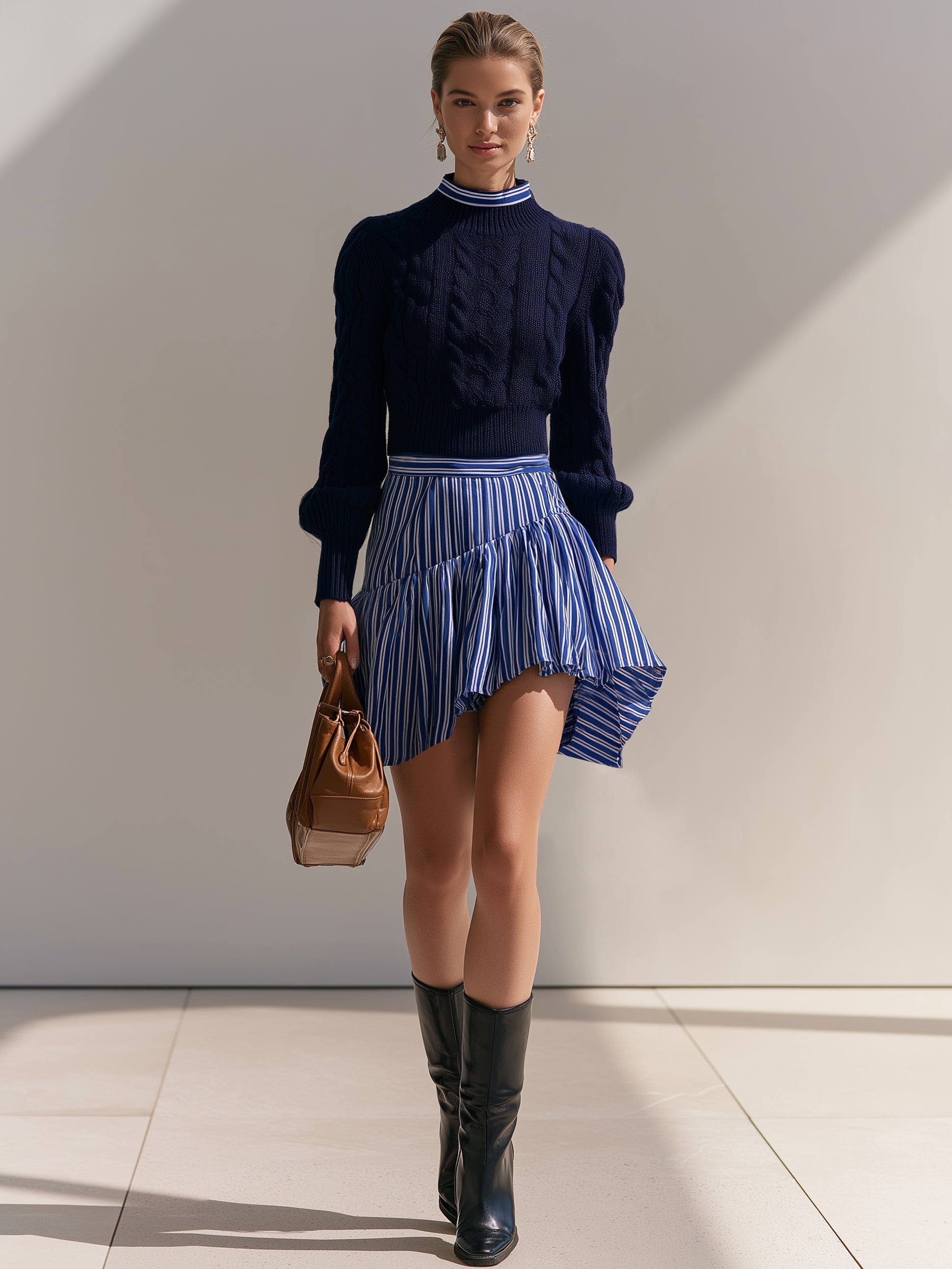 Mock‑Neck Sweater & Striped Ruffle Skirt Set