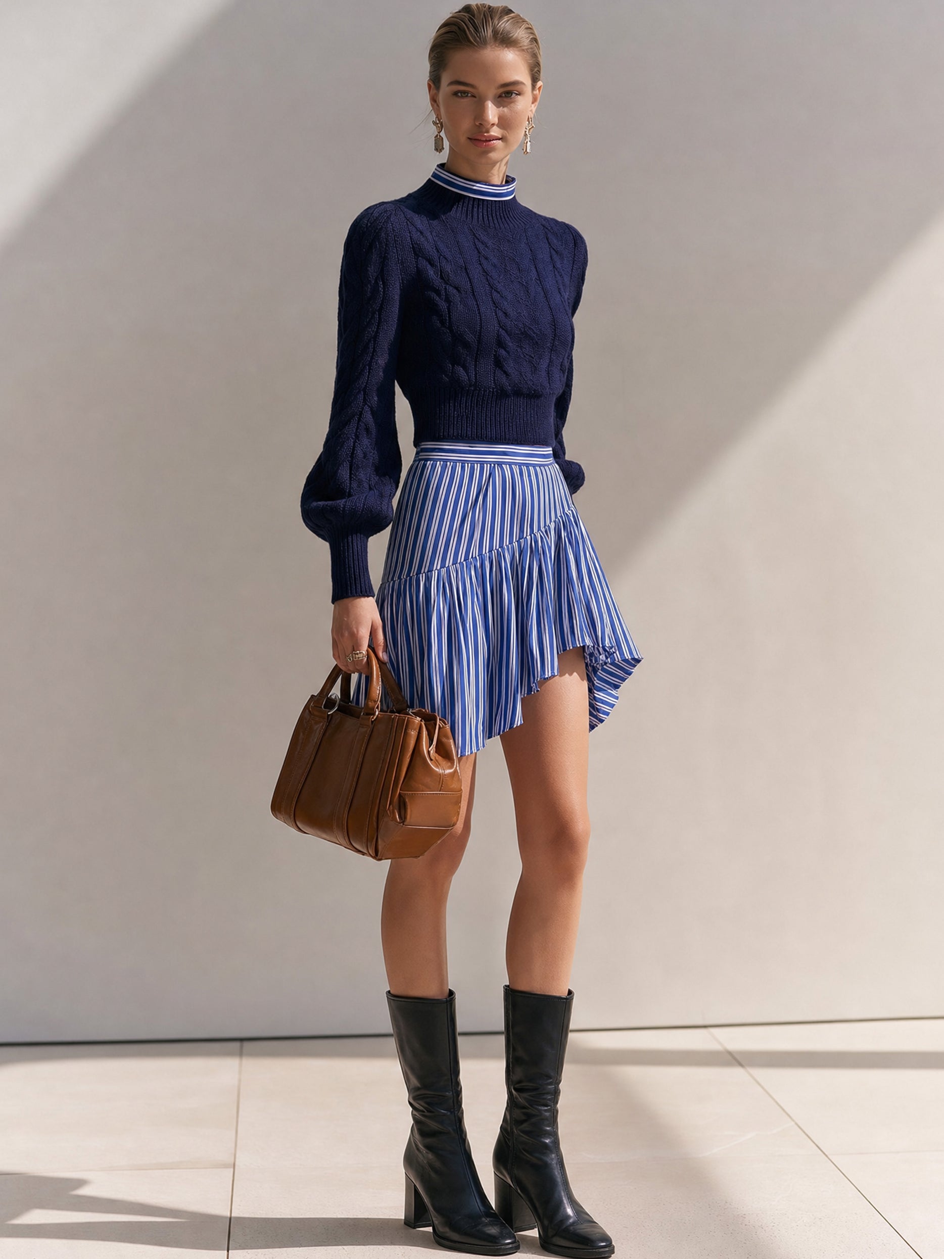 Mock‑Neck Sweater & Striped Ruffle Skirt Set
