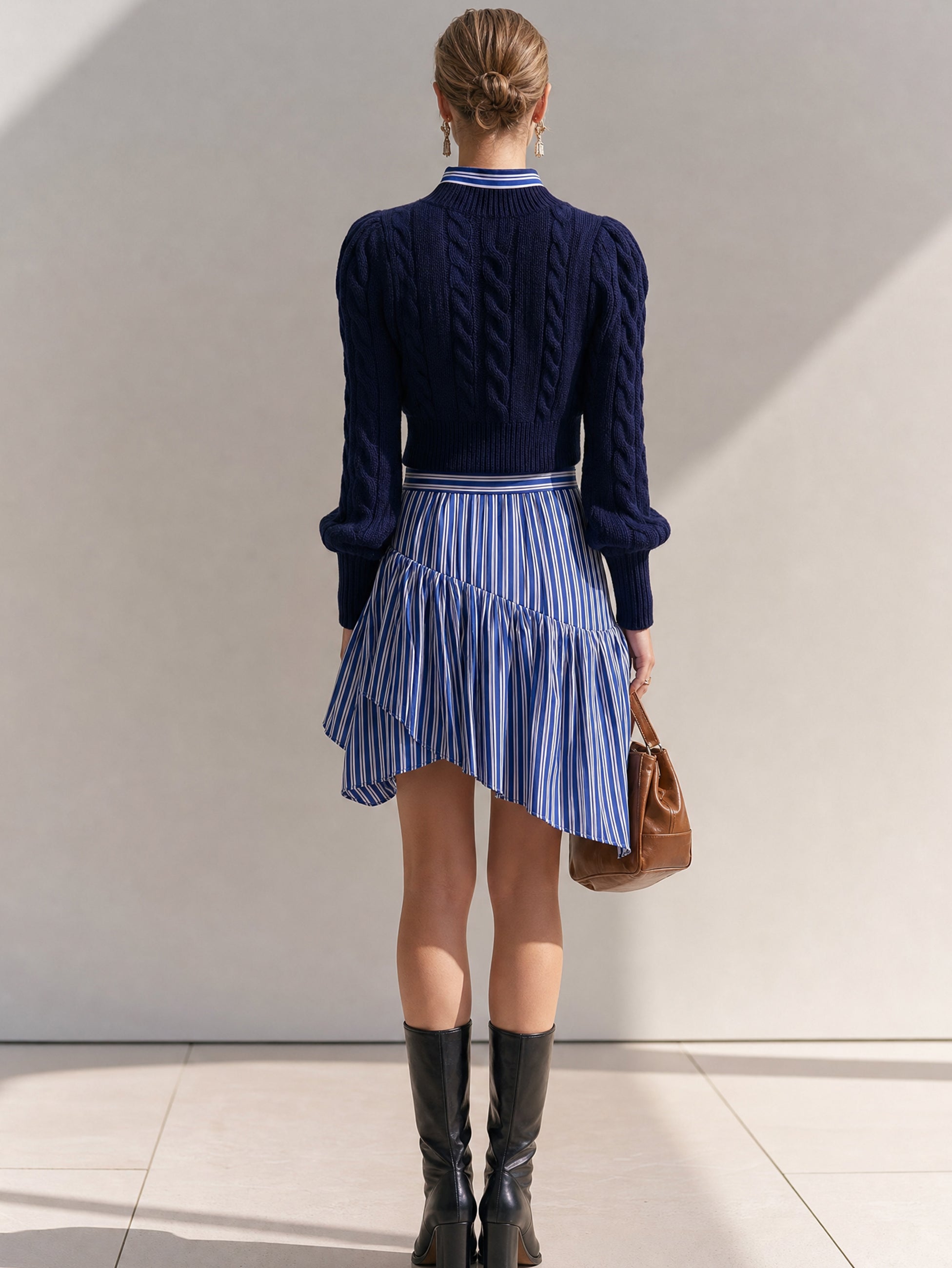 Mock‑Neck Sweater & Striped Ruffle Skirt Set