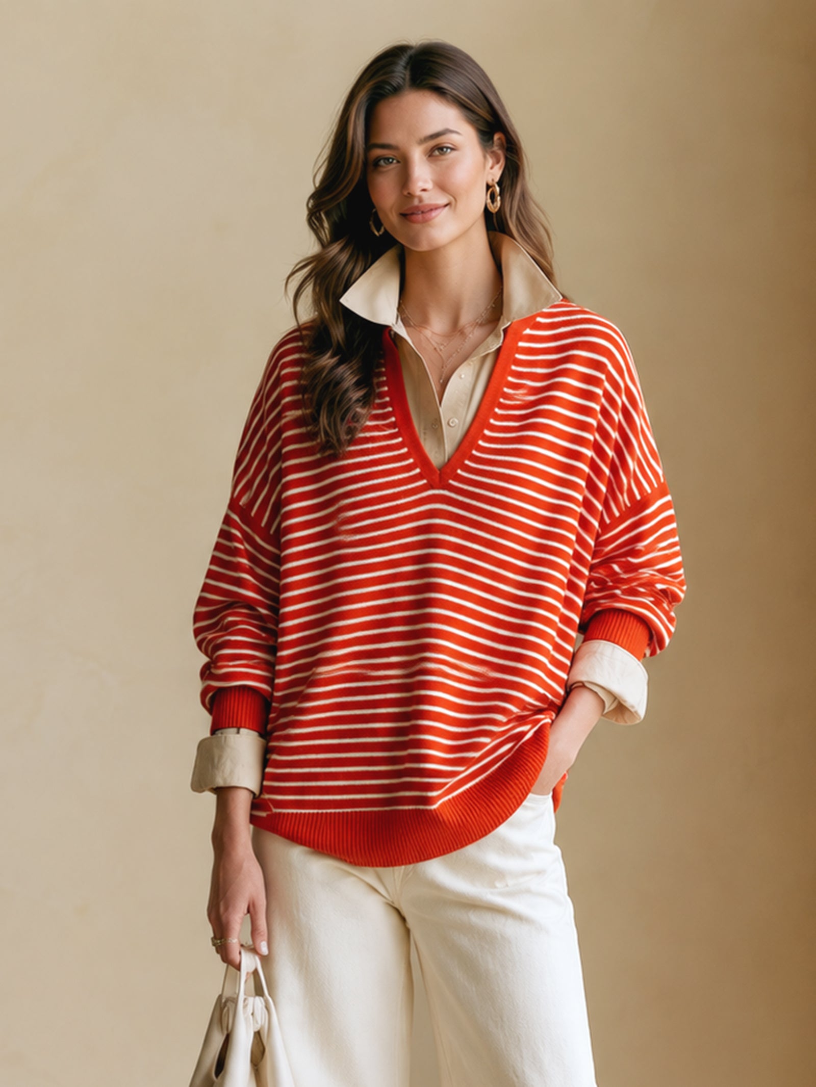 Red And White Striped Sweater With A Mock-layered Shirt Collar