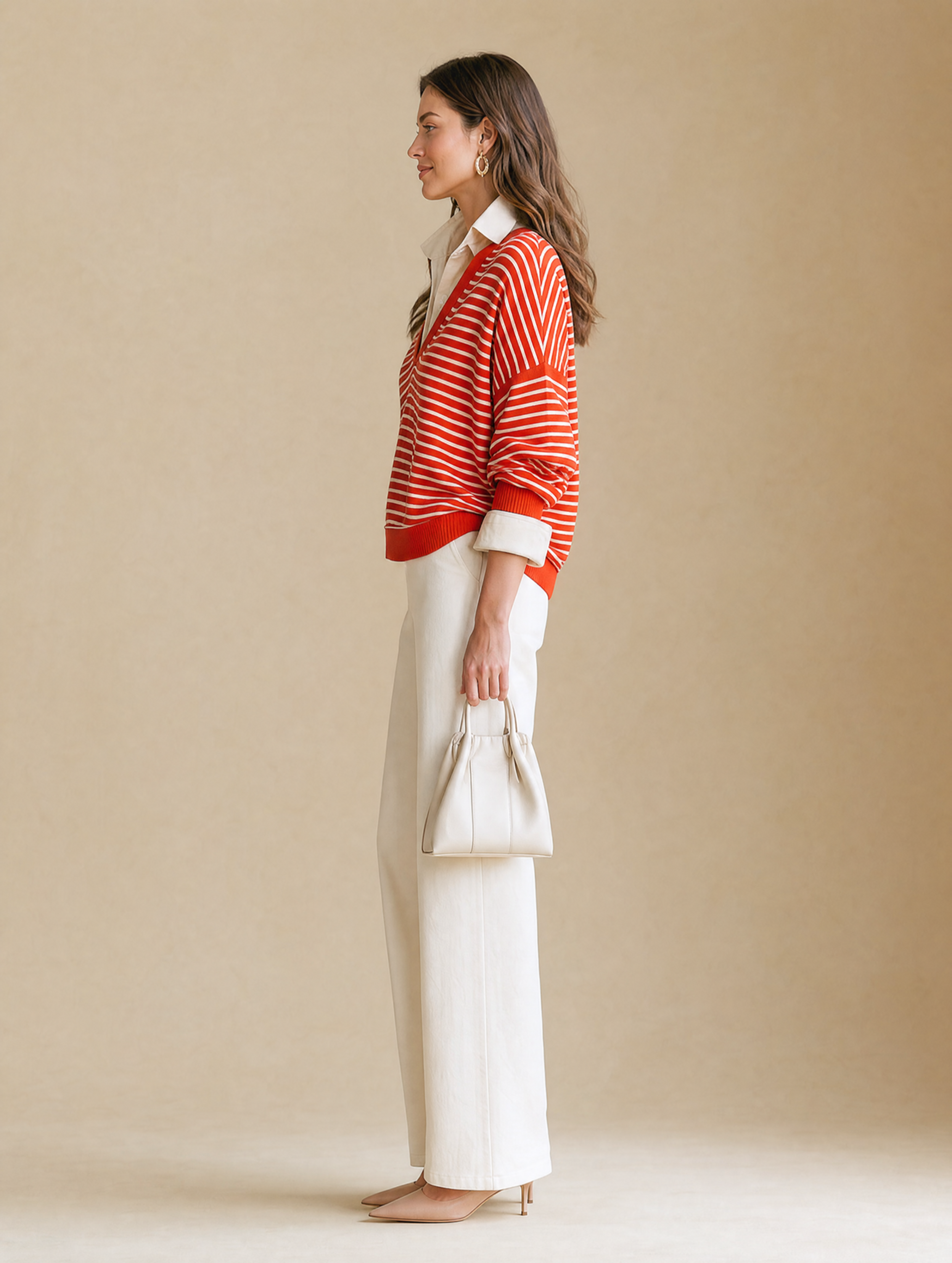Red And White Striped Sweater With A Mock-layered Shirt Collar