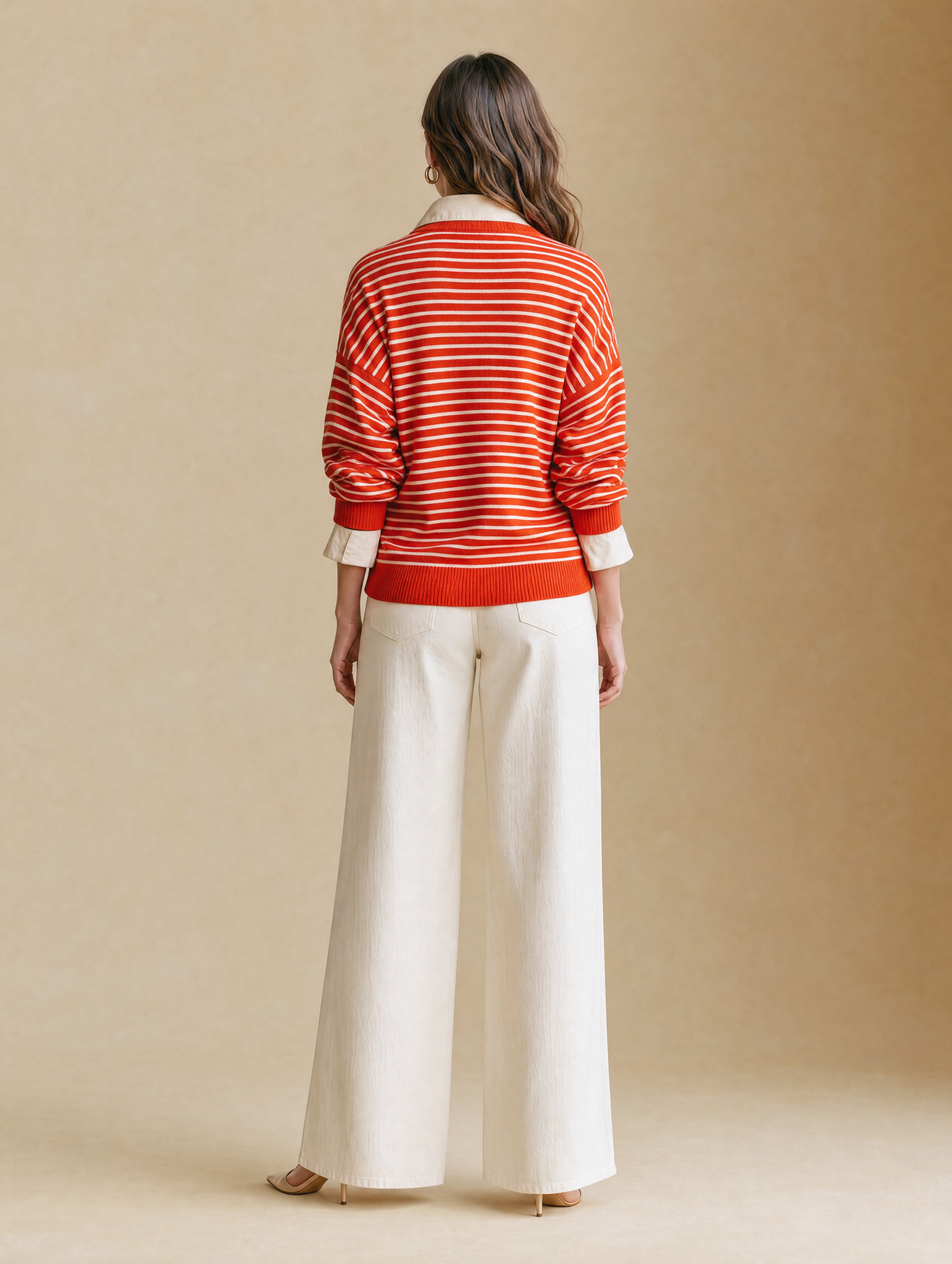 Red And White Striped Sweater With A Mock-layered Shirt Collar