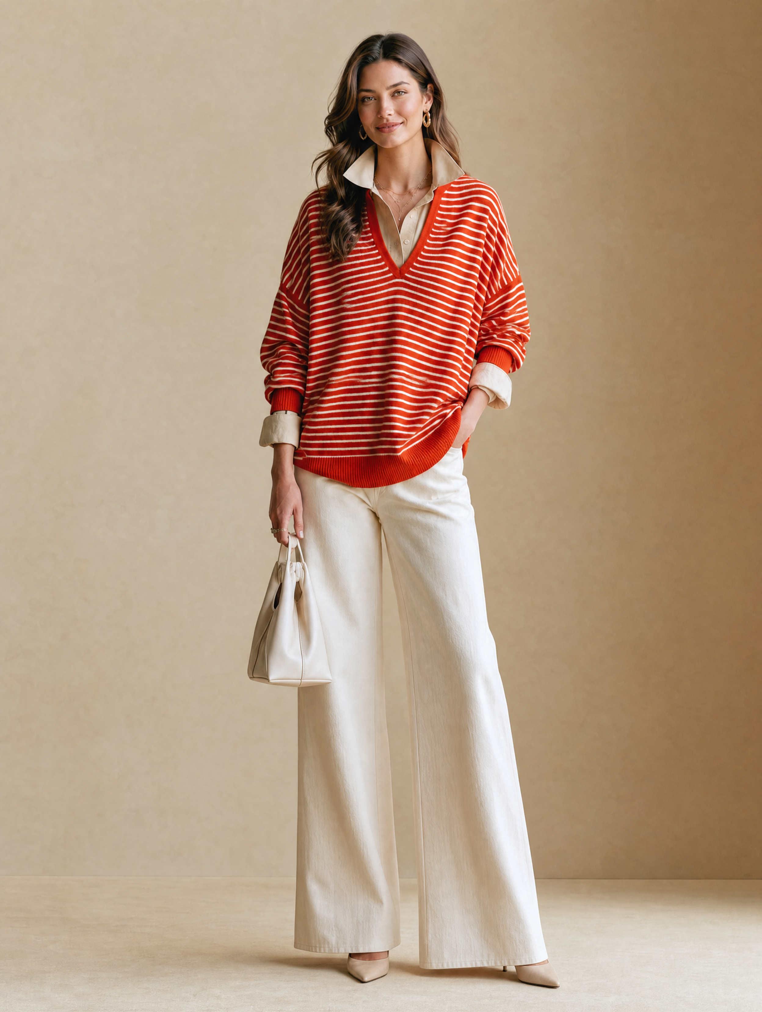 Red And White Striped Sweater With A Mock-layered Shirt Collar