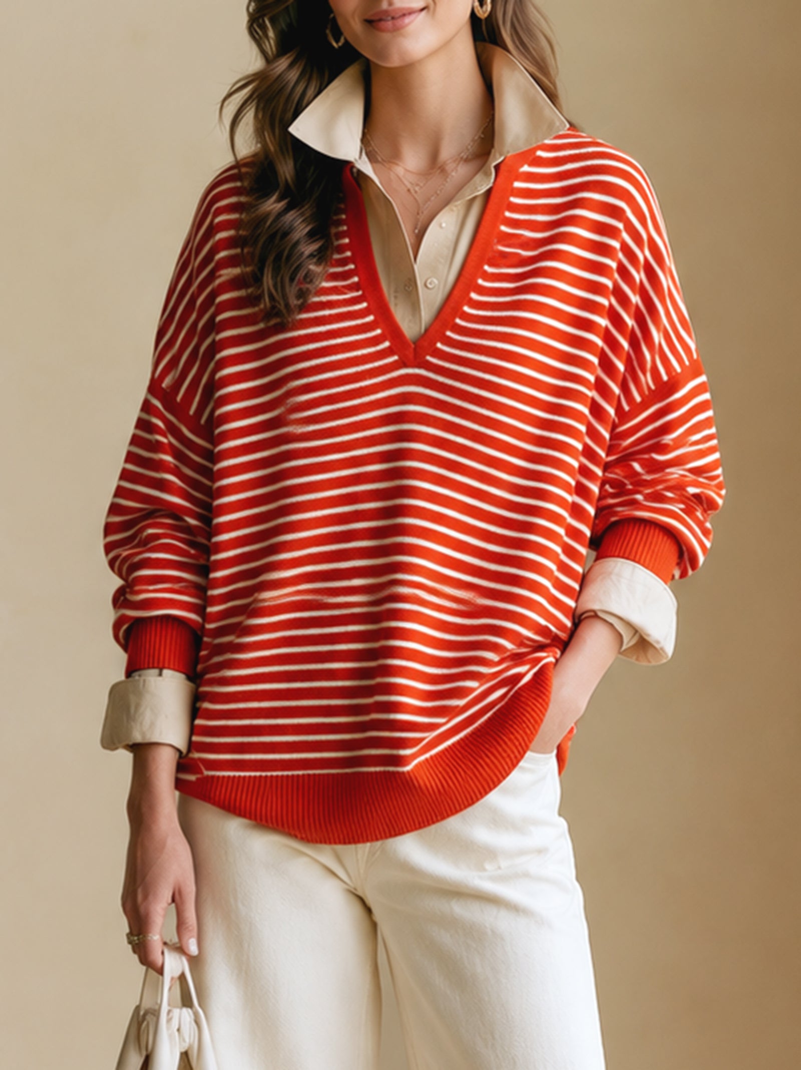 Red And White Striped Sweater With A Mock-layered Shirt Collar