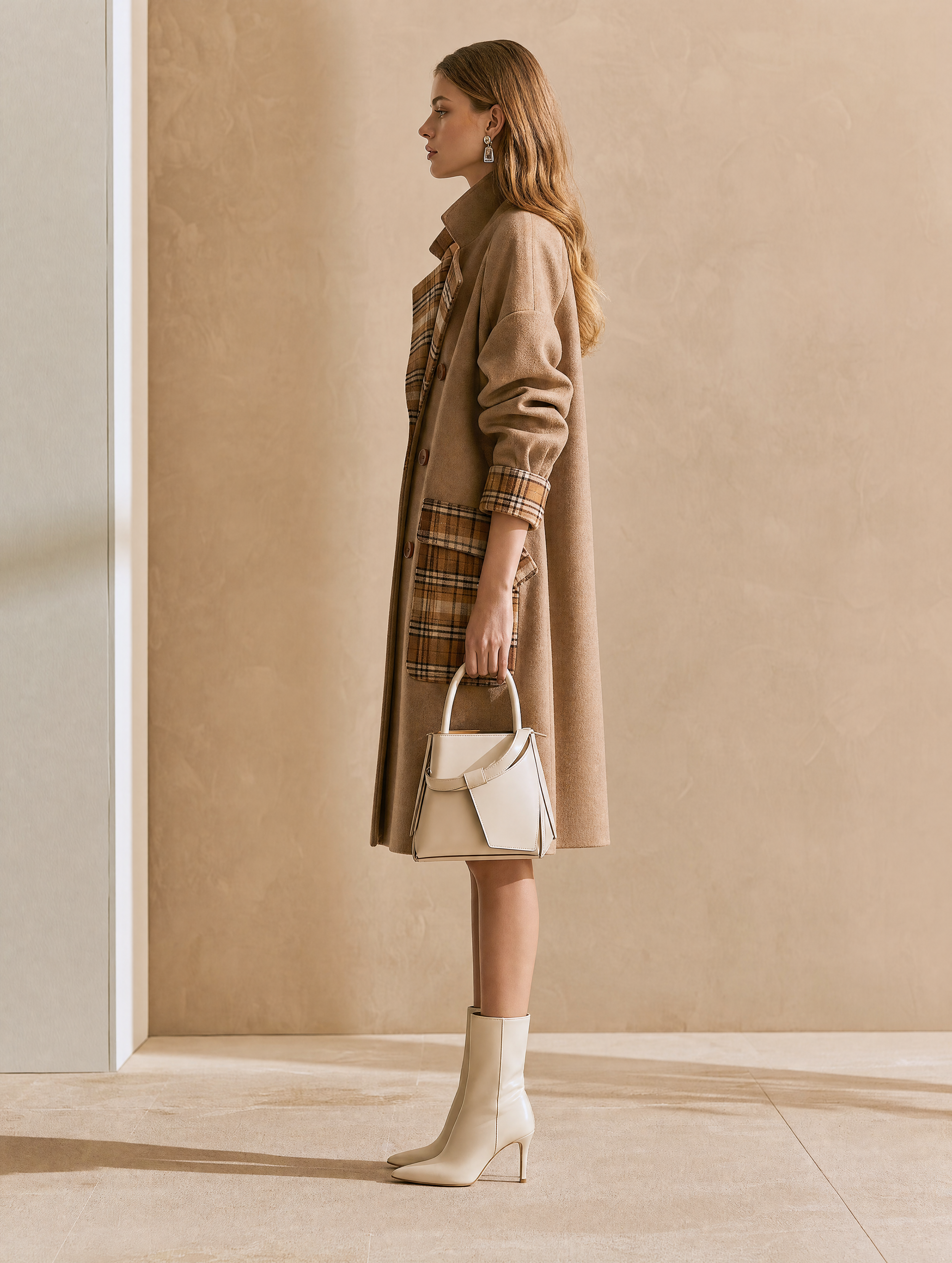 Brown Wool-blend Coat With Plaid Fabric Paneling