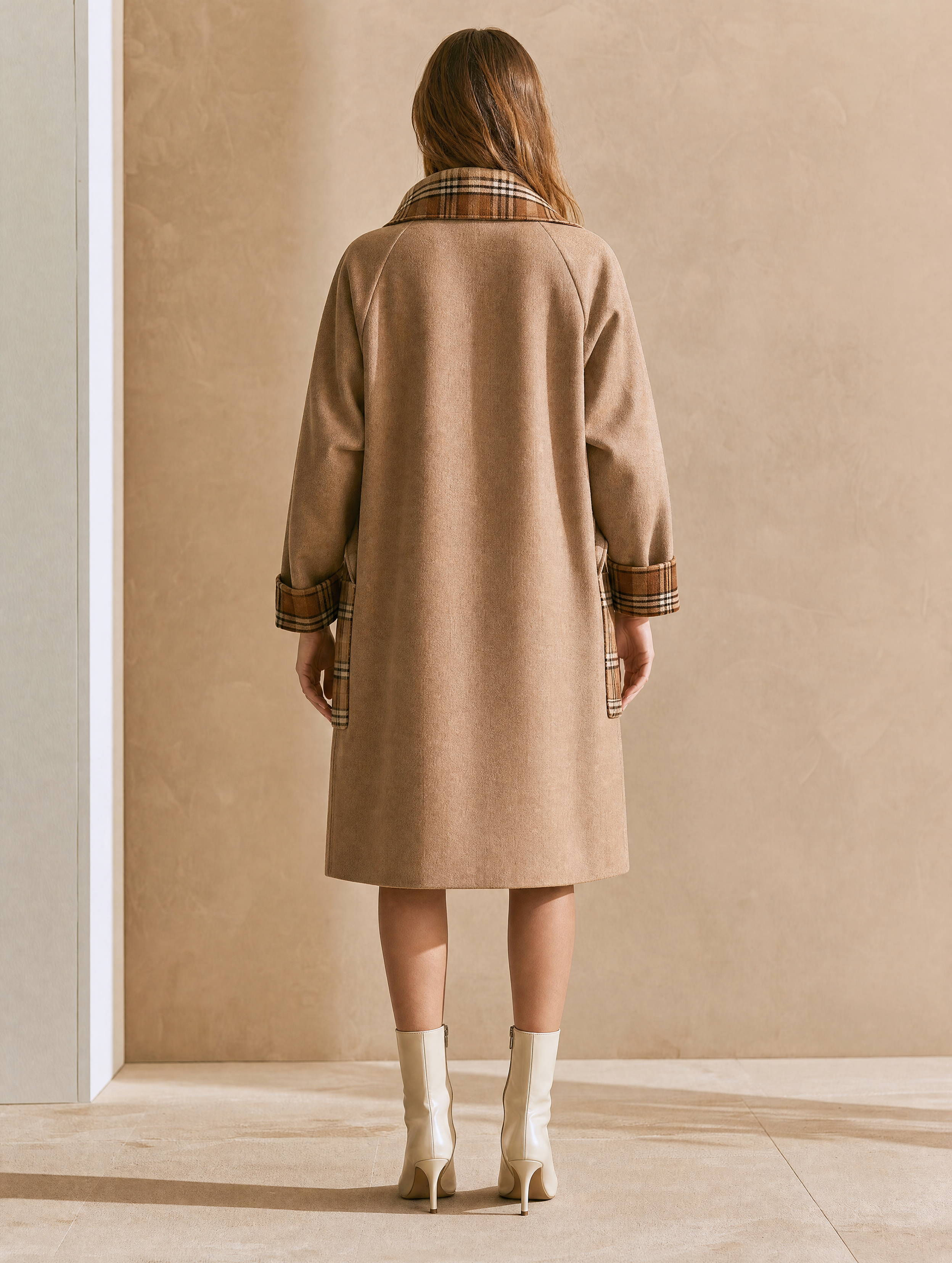 Brown Wool-blend Coat With Plaid Fabric Paneling