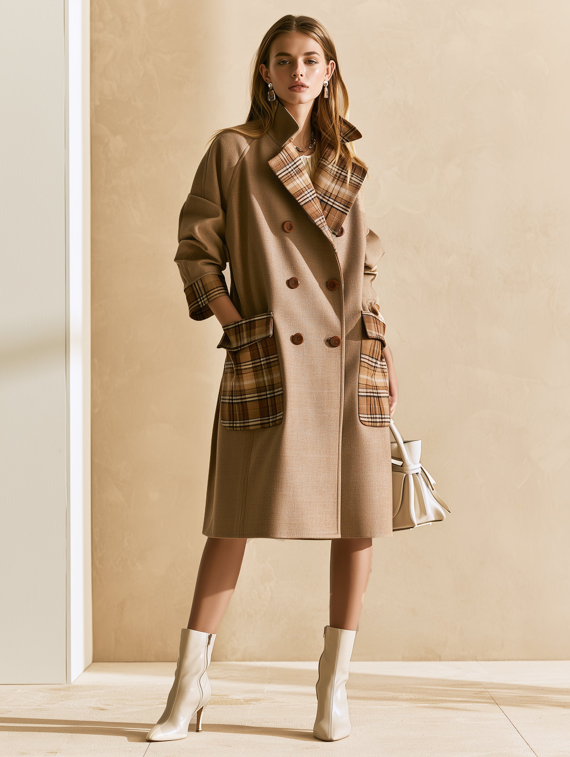 Brown Wool-blend Coat With Plaid Fabric Paneling