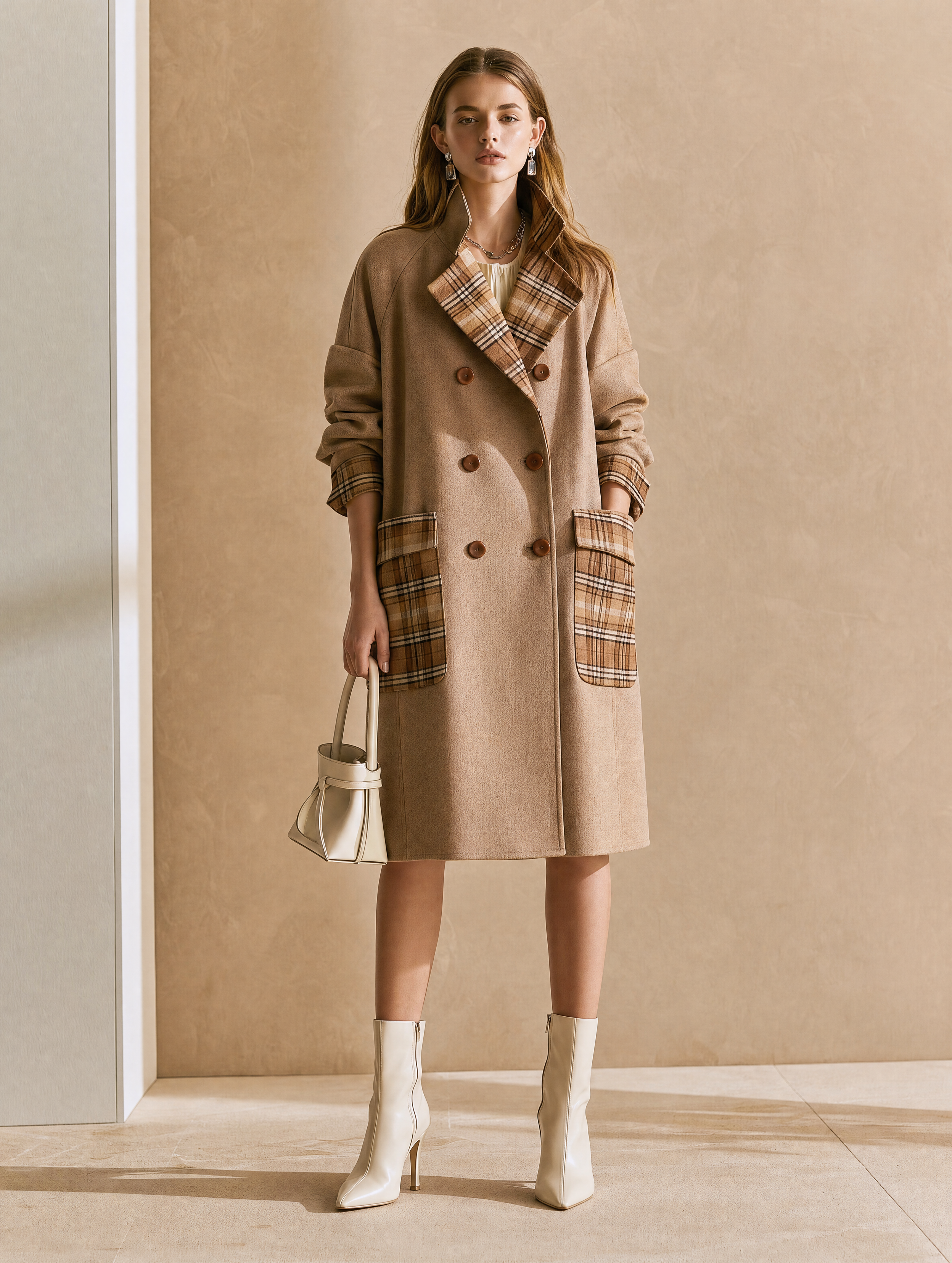 Brown Wool-blend Coat With Plaid Fabric Paneling